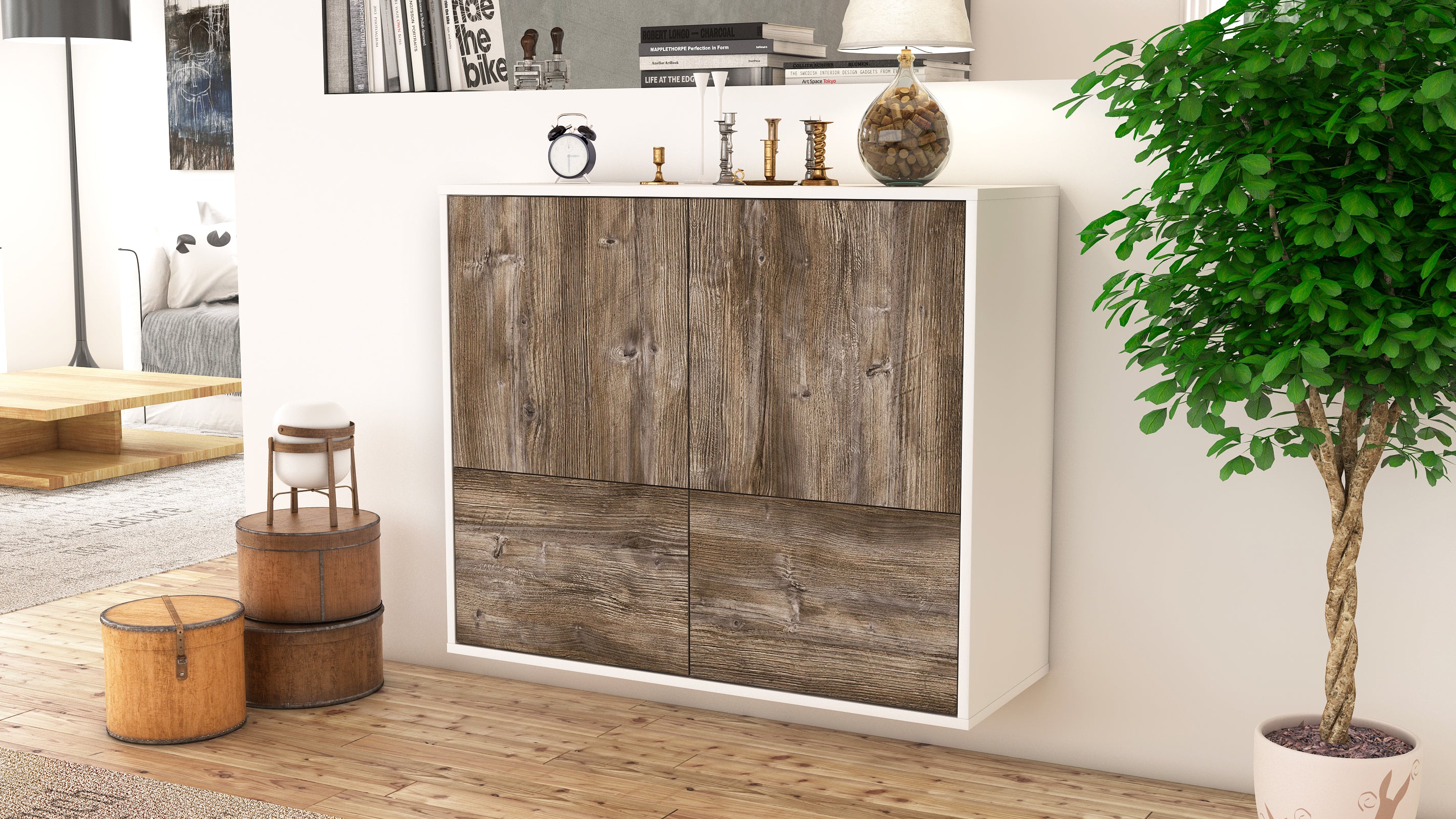 Sideboard - Cara - Design Holzdekor - Wandmontiert mit Push to open  92 cm Weiss