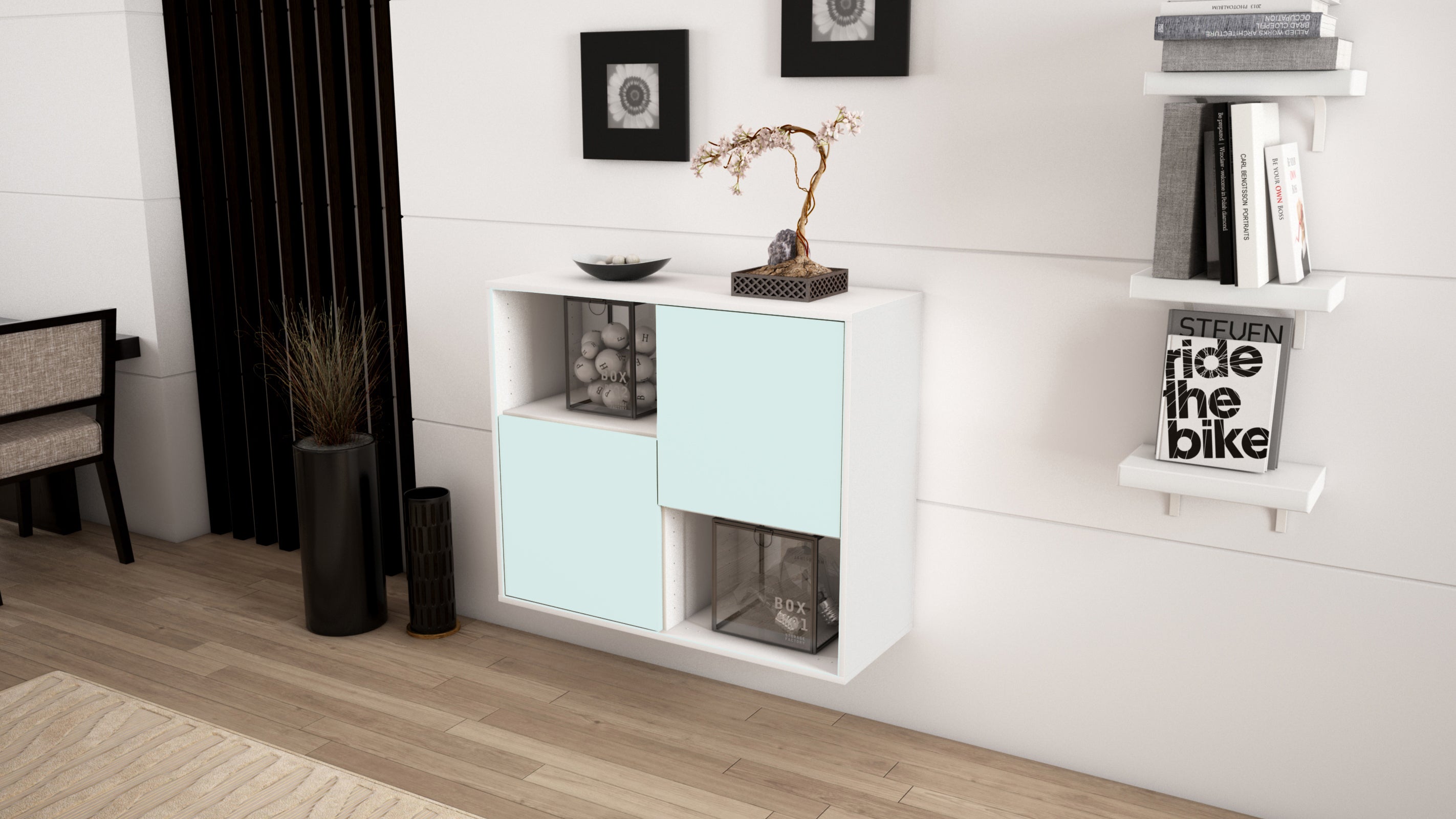 Sideboard - Caralina - Design Farbakzent - Wandmontiert mit Push to open  92 cm Weiss