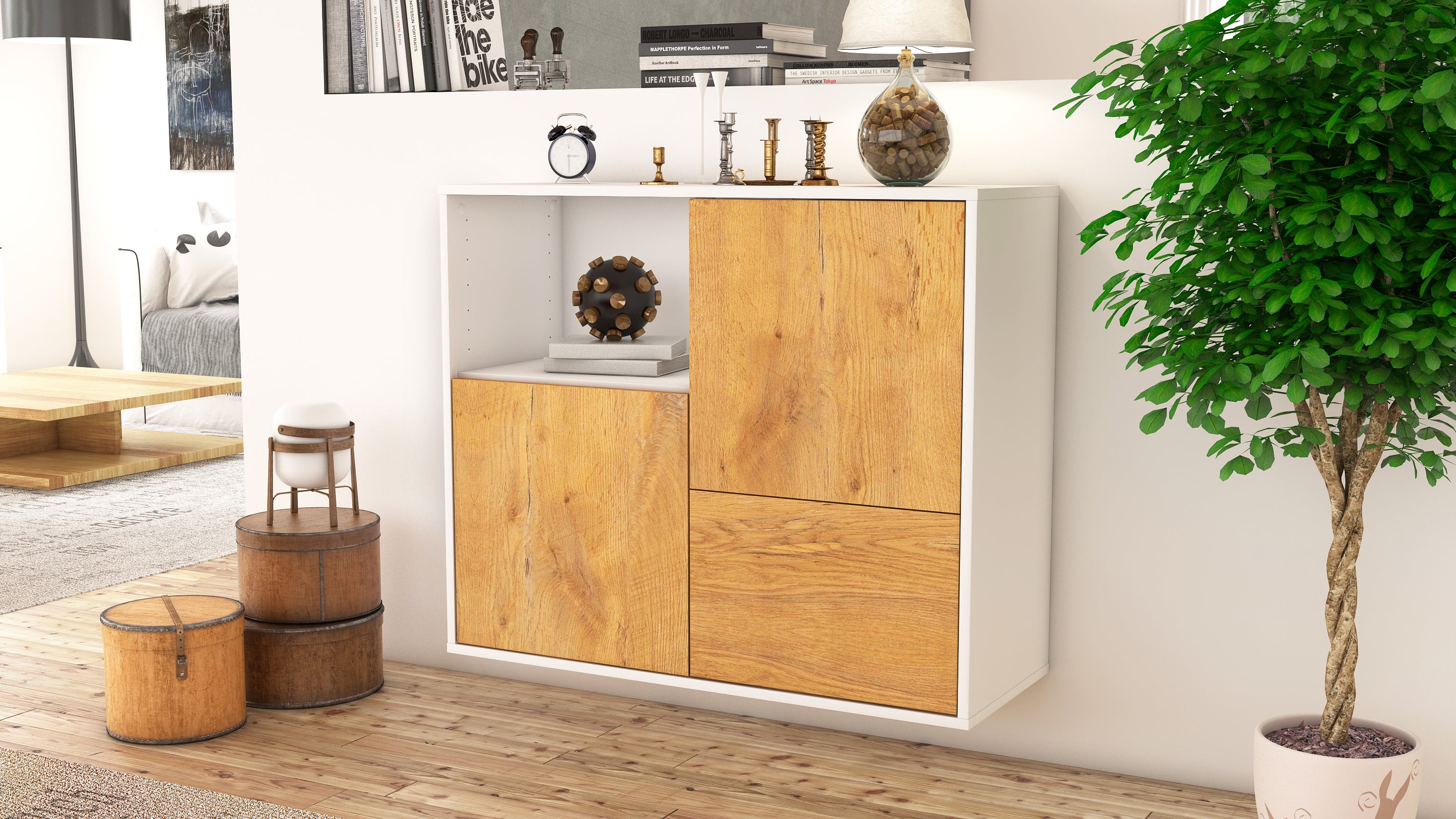 Sideboard - Carina - Design Holzdekor - Wandmontiert mit Push to open  92 cm Weiss