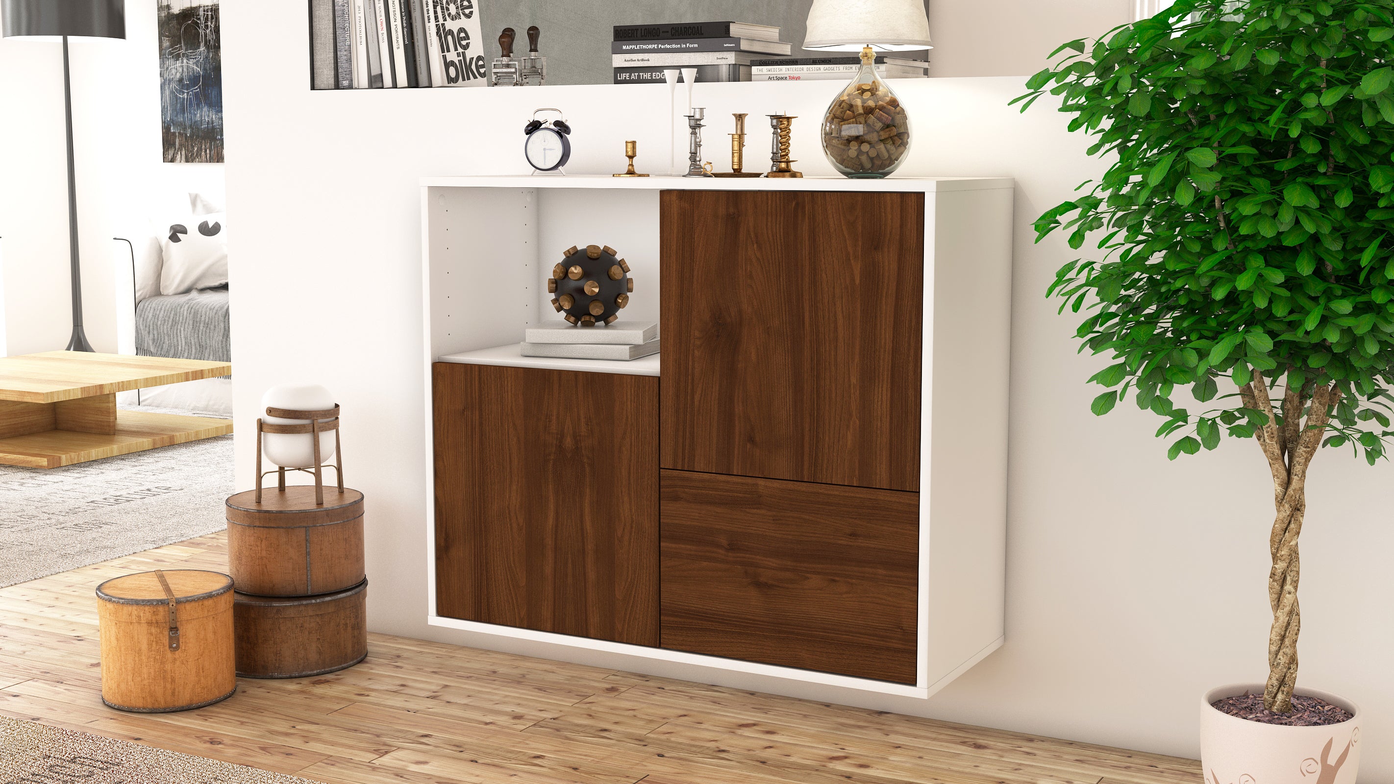 Sideboard - Carina - Design Holzdekor - Wandmontiert mit Push to open  92 cm Weiss