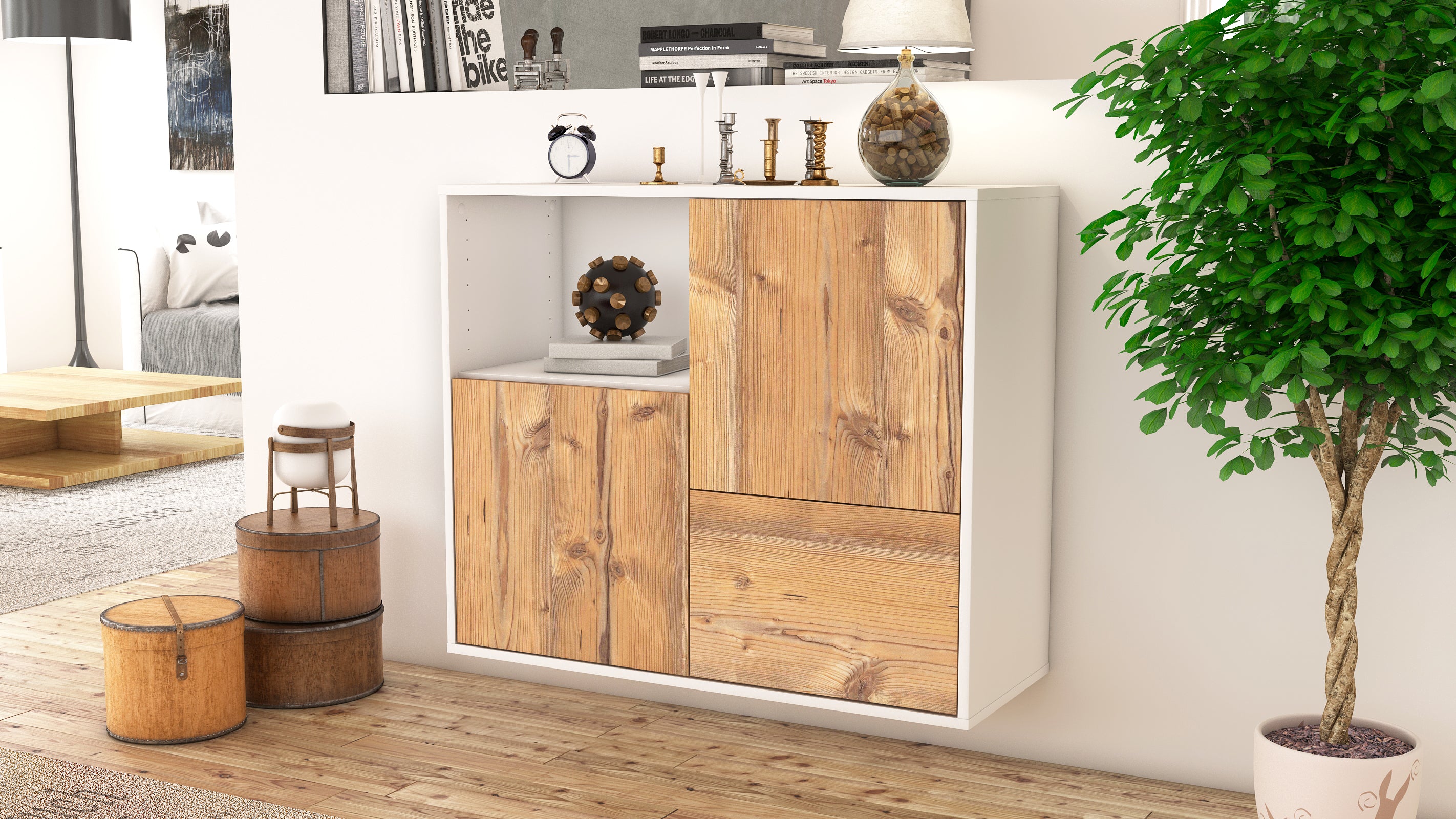 Sideboard - Carina - Design Holzdekor - Wandmontiert mit Push to open  92 cm Weiss