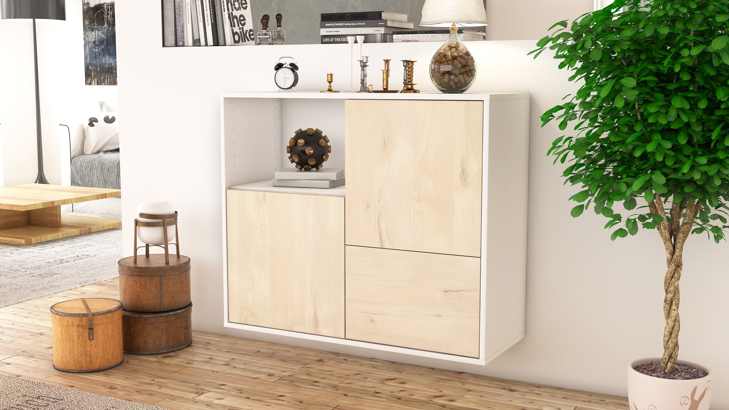 Sideboard - Carina - Design Holzdekor - Wandmontiert mit Push to open  92 cm Weiss