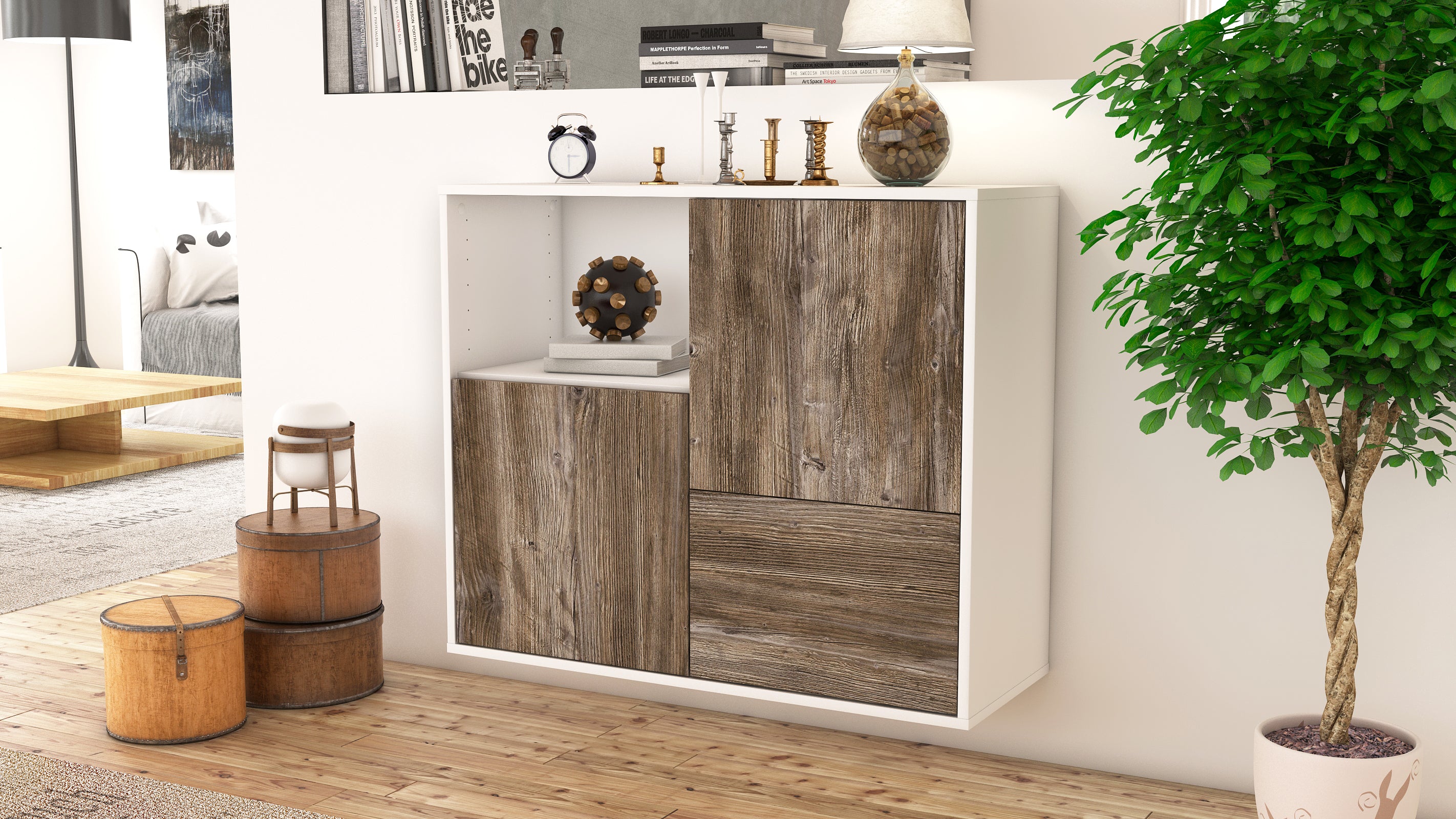 Sideboard - Carina - Design Holzdekor - Wandmontiert mit Push to open  92 cm Weiss