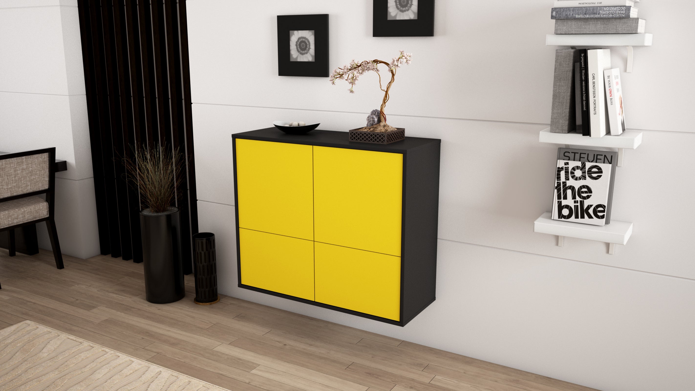 Sideboard - Cara - Design Farbakzent - Wandmontiert mit Push to open  92 cm Anthrazit