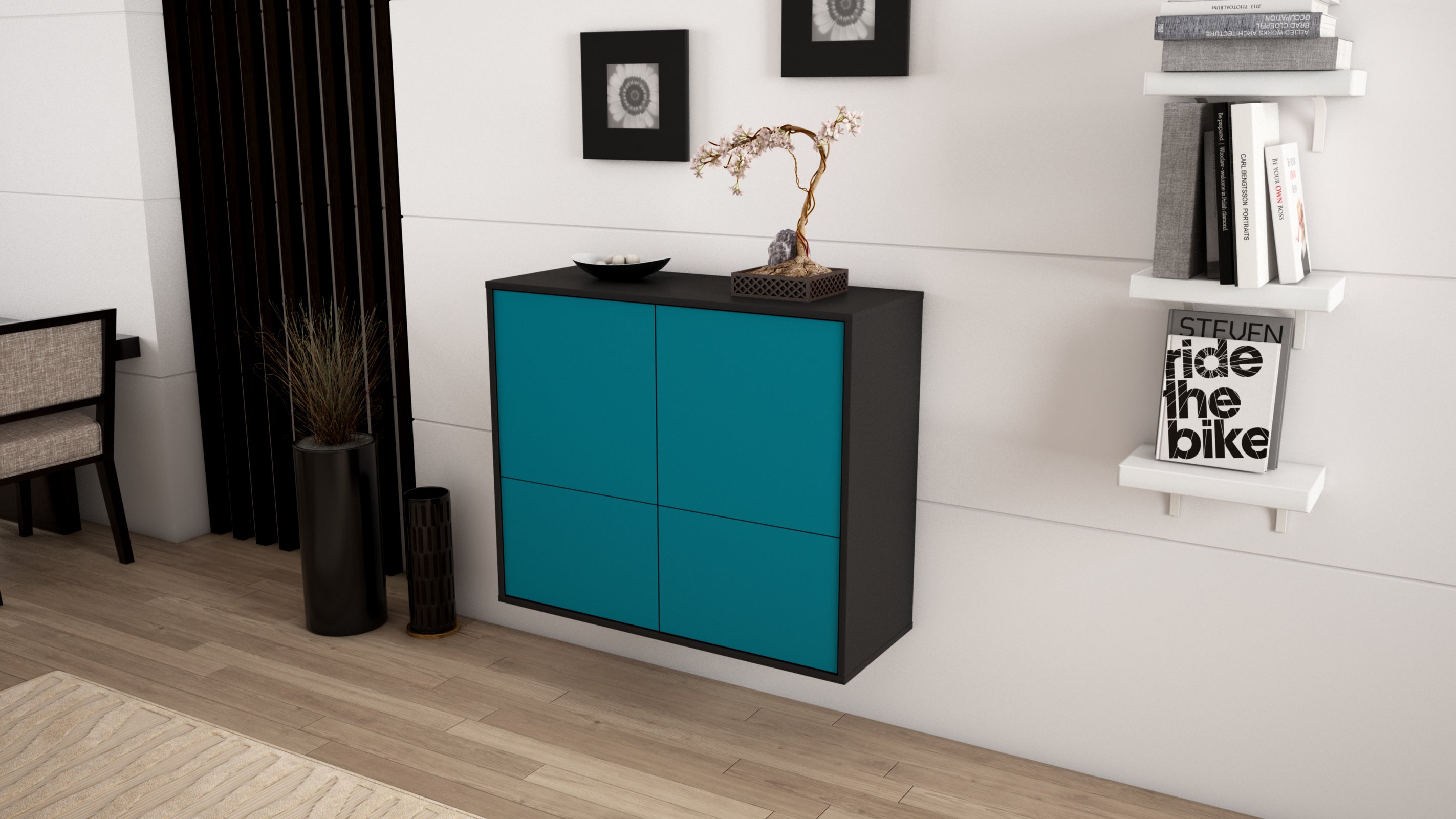 Sideboard - Cara - Design Farbakzent - Wandmontiert mit Push to open  92 cm Anthrazit