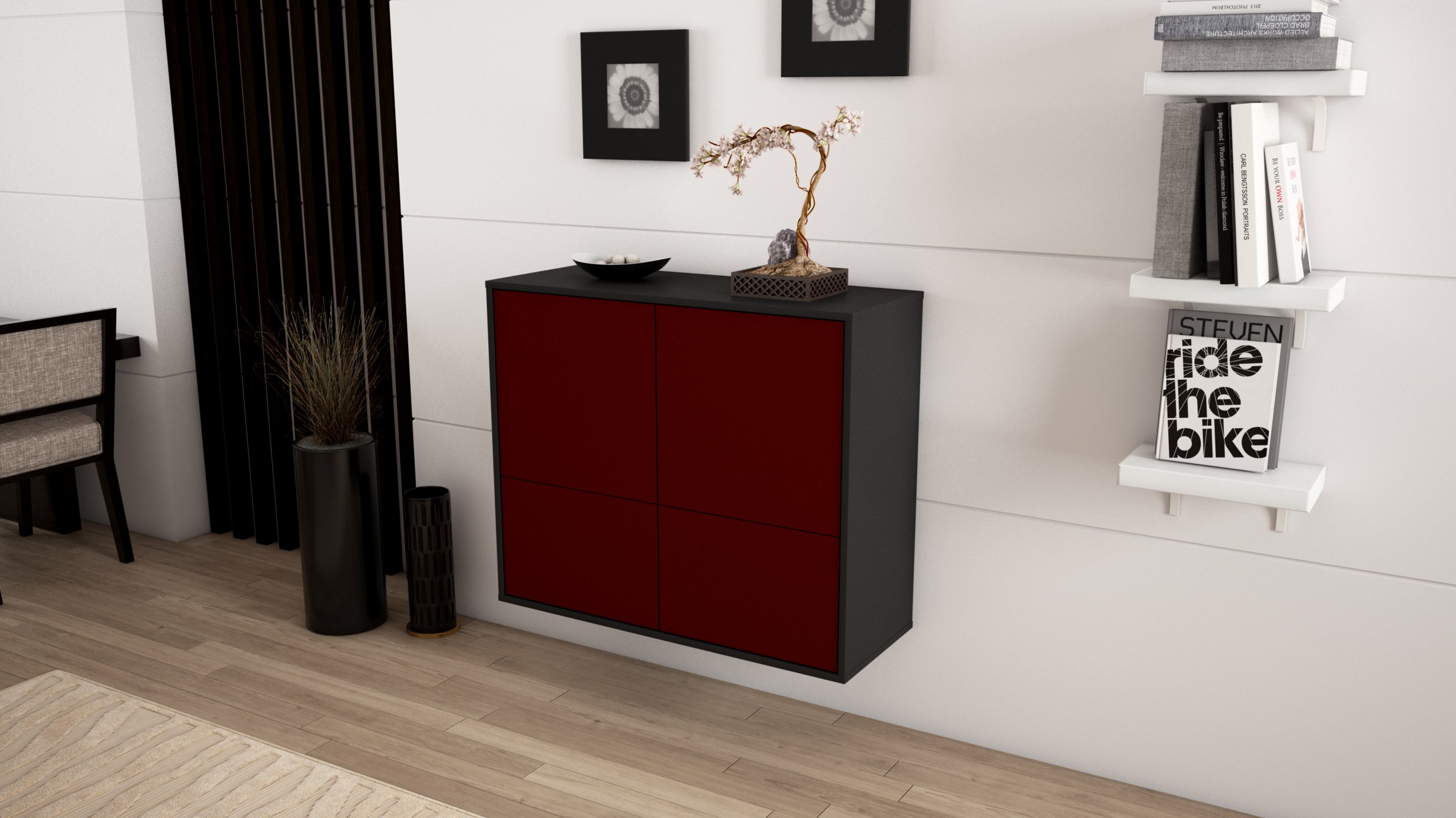 Sideboard - Cara - Design Farbakzent - Wandmontiert mit Push to open  92 cm Anthrazit