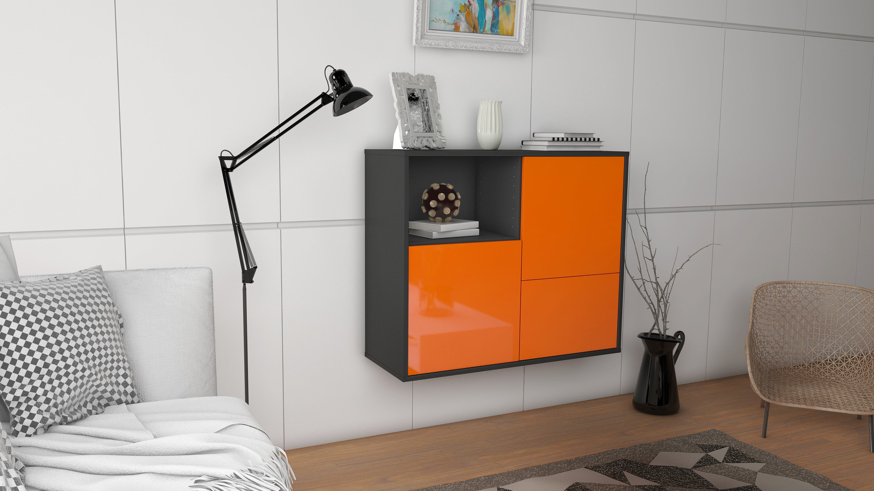 Sideboard - Carina - Design Hochglanz - Wandmontiert mit Push to open  92 cm Anthrazit