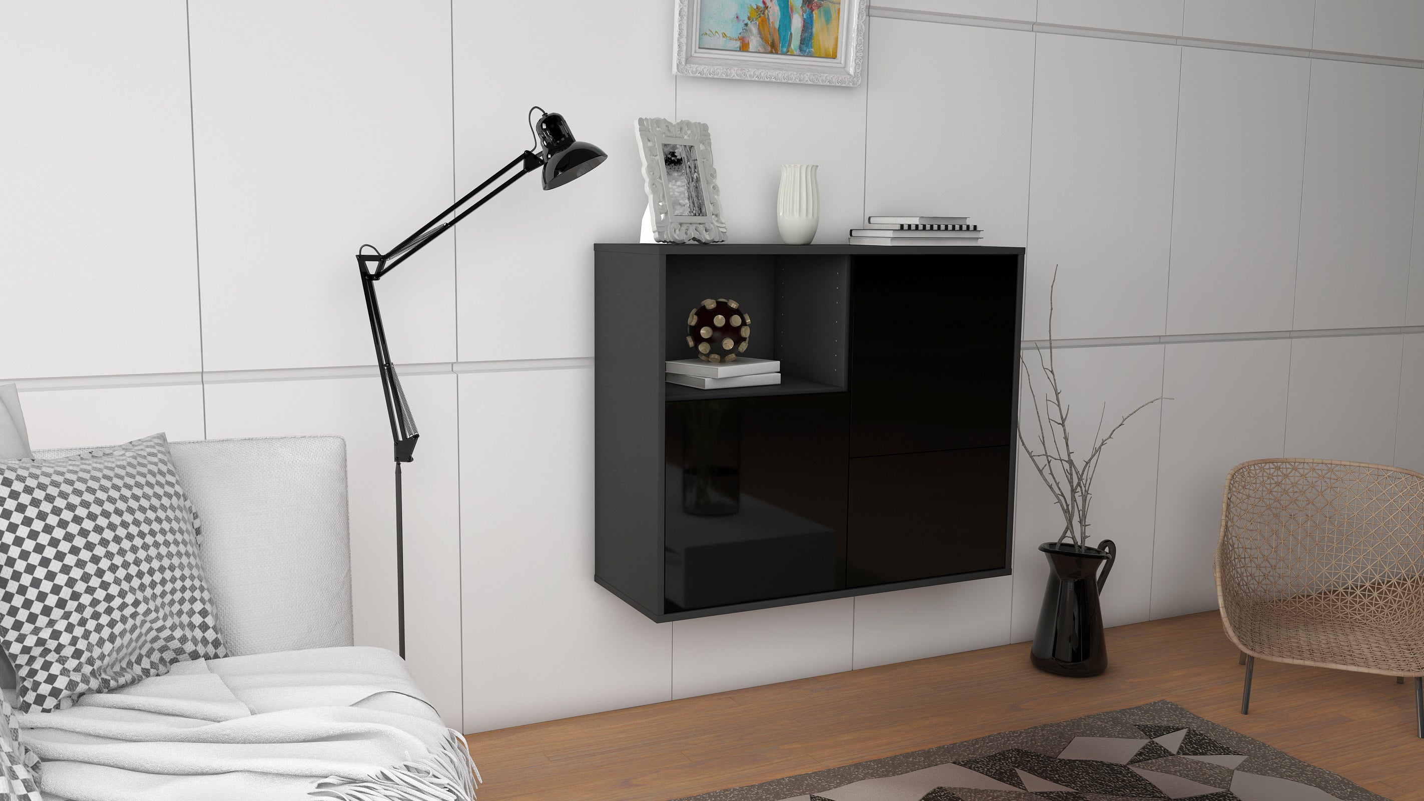 Sideboard - Carina - Design Hochglanz - Wandmontiert mit Push to open  92 cm Anthrazit