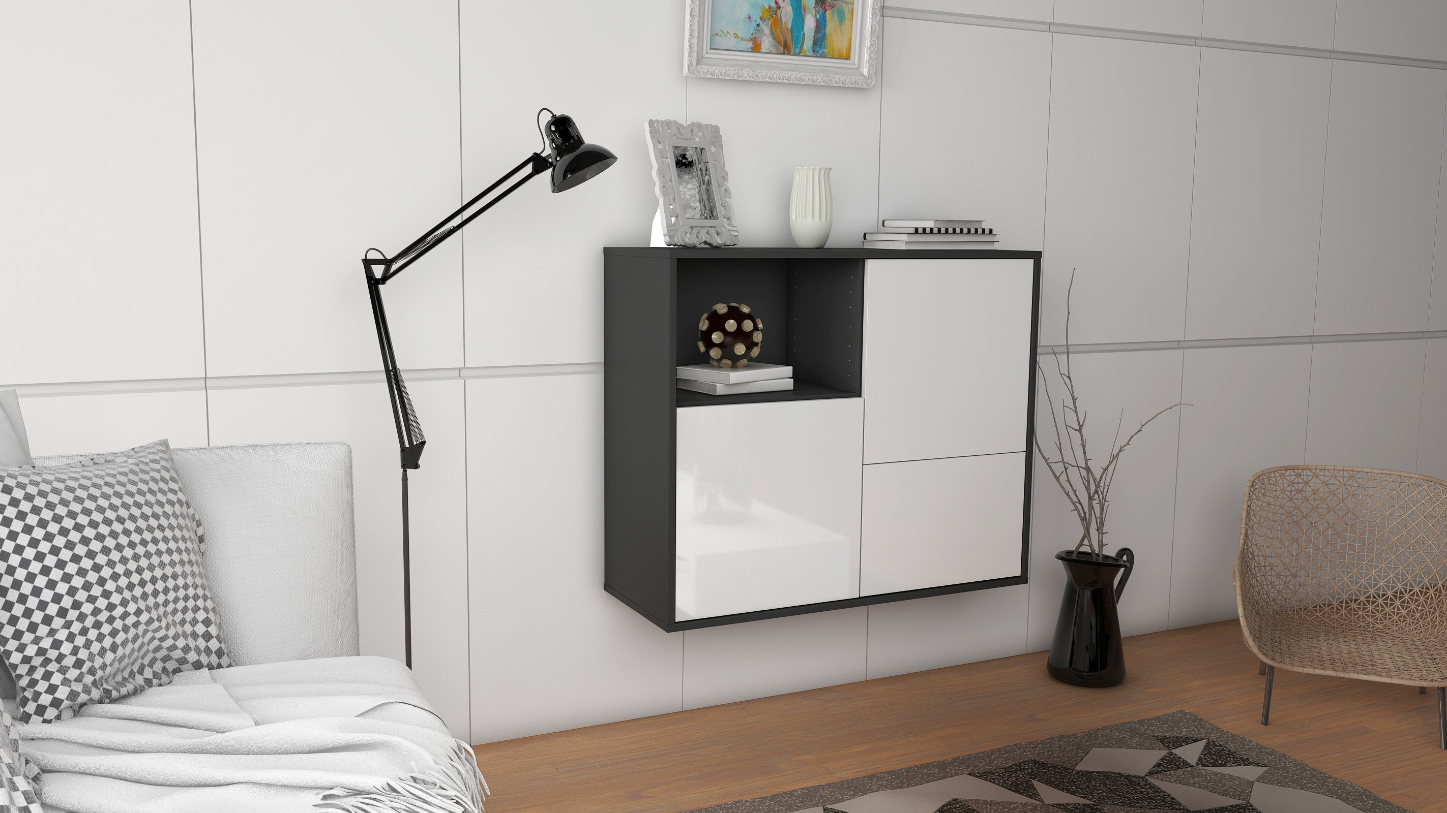 Sideboard - Carina - Design Hochglanz - Wandmontiert mit Push to open  92 cm Anthrazit