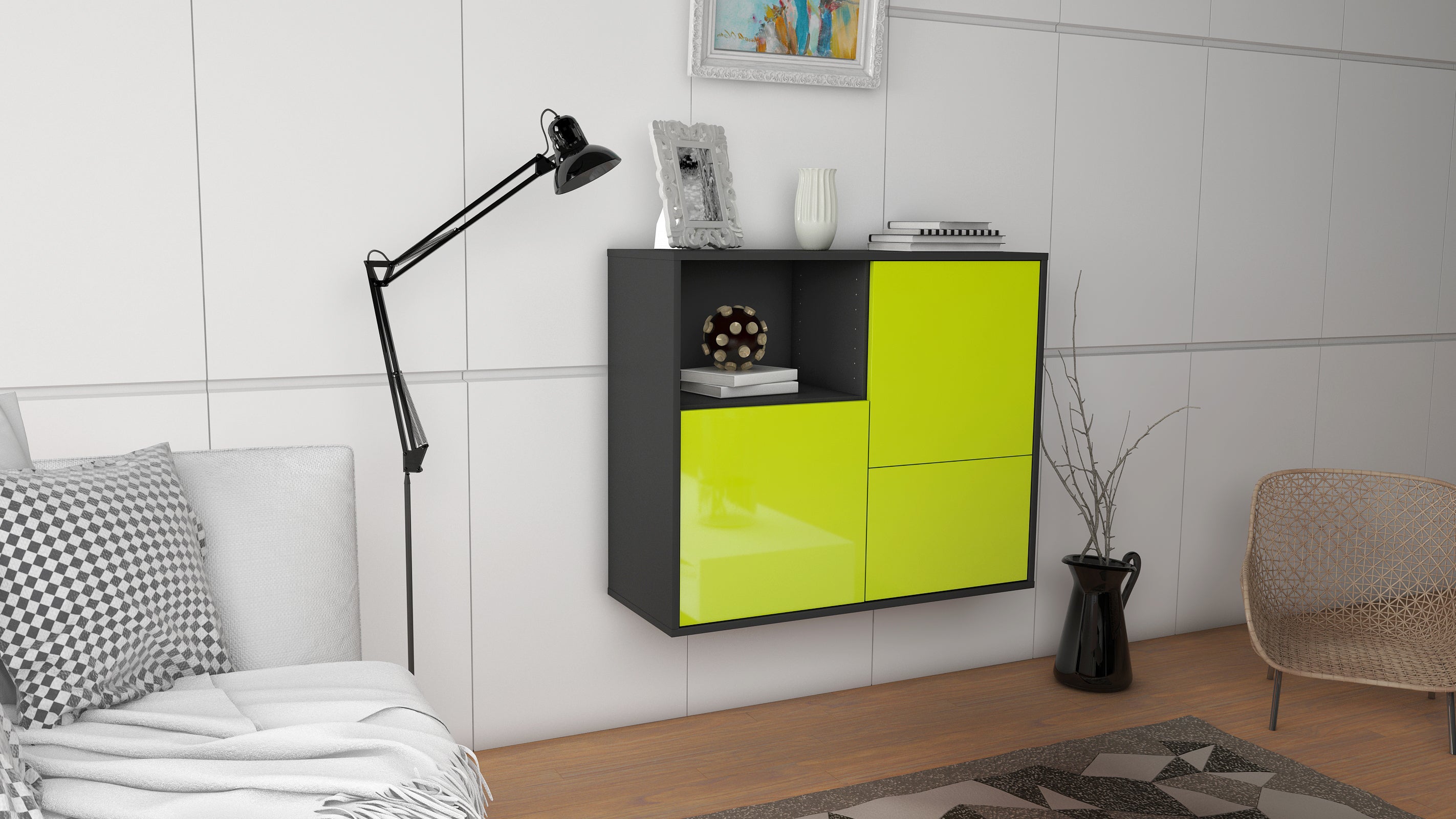 Sideboard - Carina - Design Hochglanz - Wandmontiert mit Push to open  92 cm Anthrazit