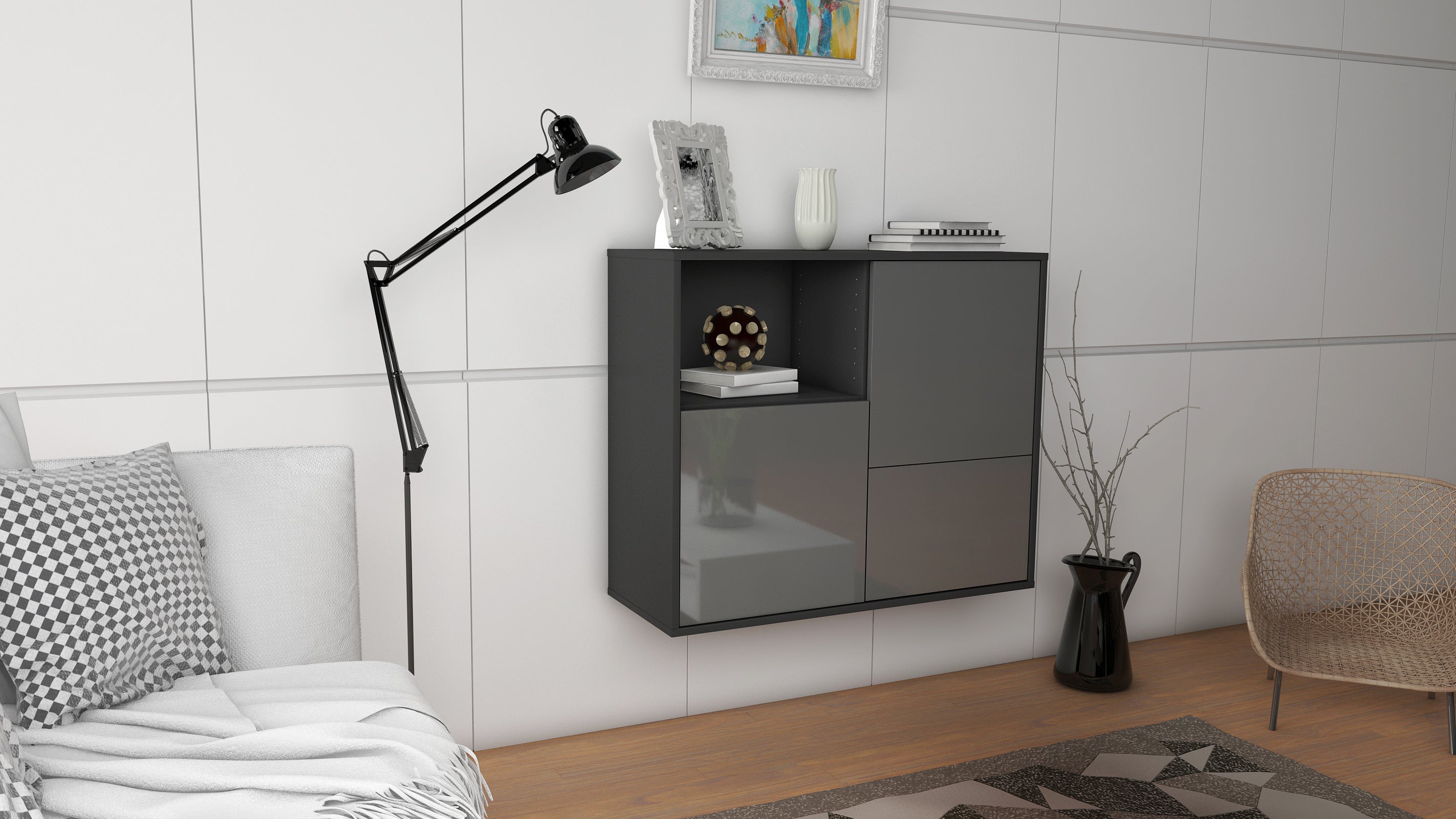 Sideboard - Carina - Design Hochglanz - Wandmontiert mit Push to open  92 cm Anthrazit