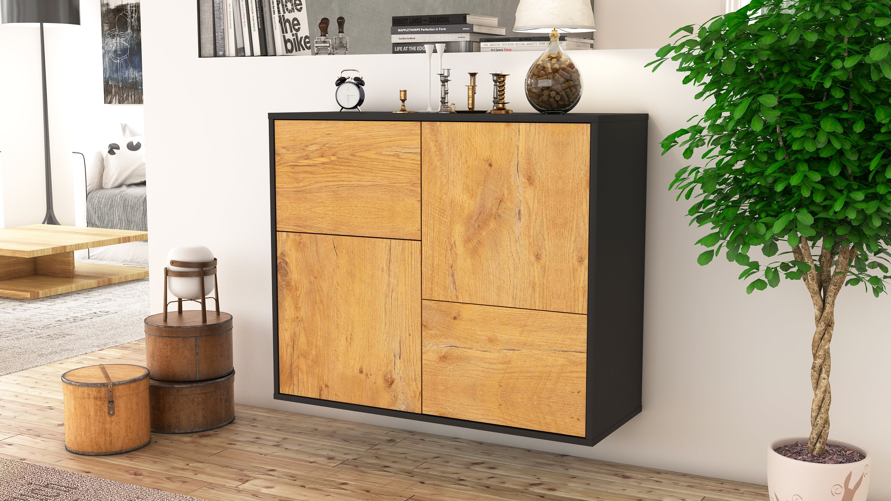 Sideboard - Carla - Design Holzdekor - Wandmontiert mit Push to open  92 cm Anthrazit