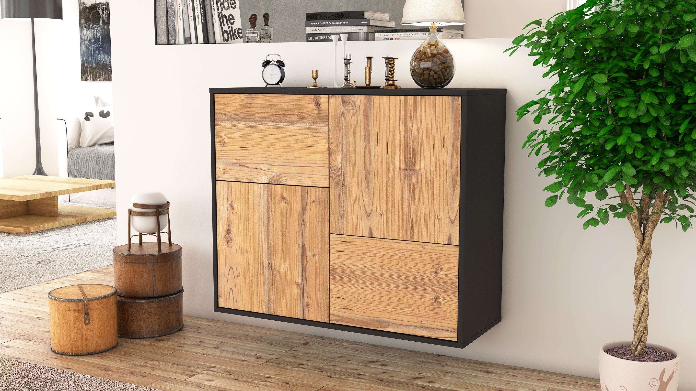 Sideboard - Carla - Design Holzdekor - Wandmontiert mit Push to open  92 cm Anthrazit