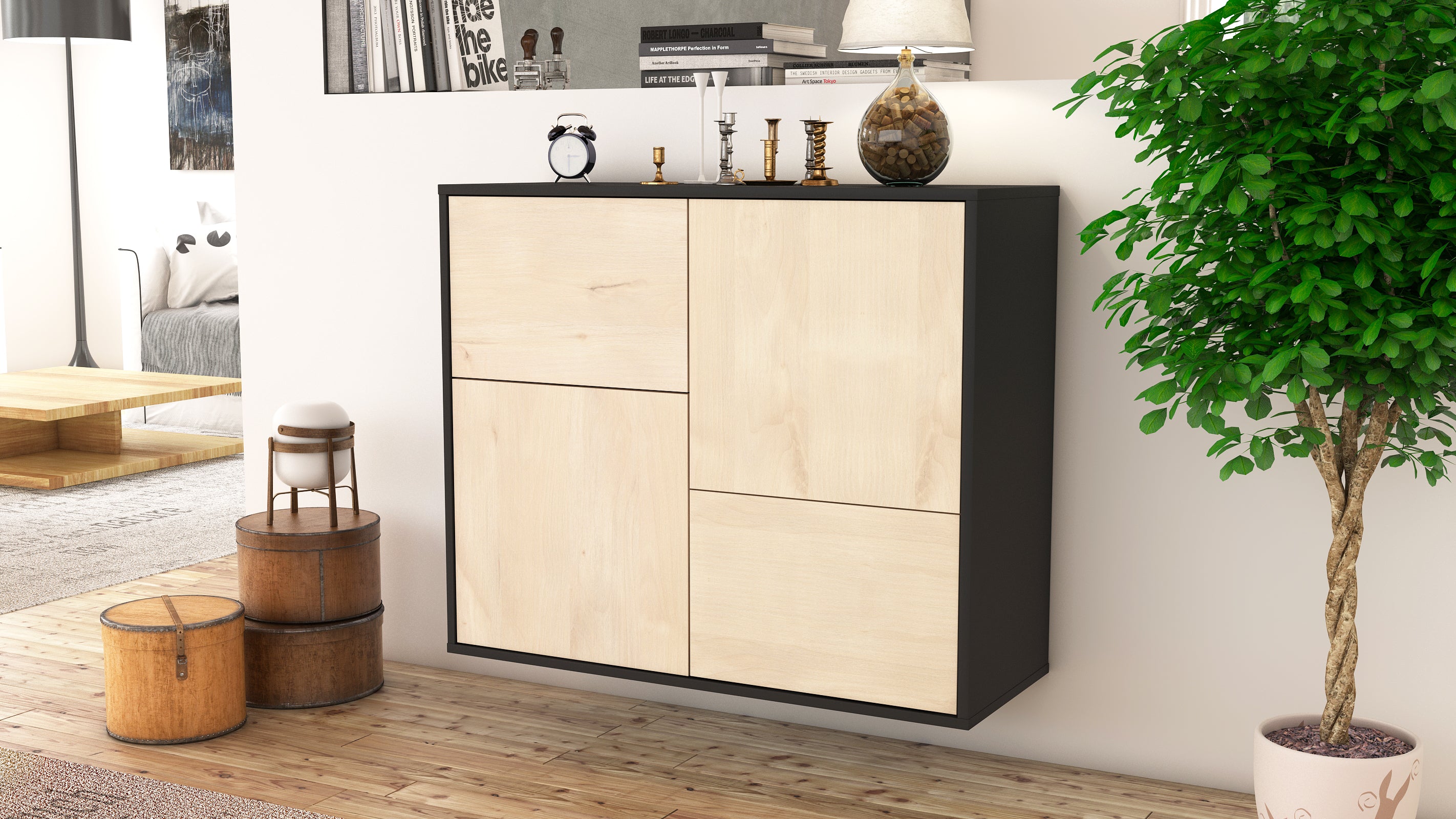 Sideboard - Carla - Design Holzdekor - Wandmontiert mit Push to open  92 cm Anthrazit