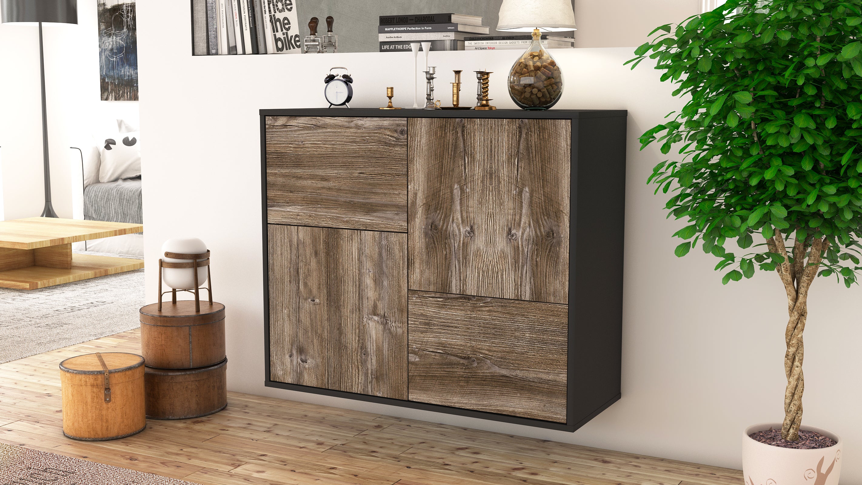 Sideboard - Carla - Design Holzdekor - Wandmontiert mit Push to open  92 cm Anthrazit