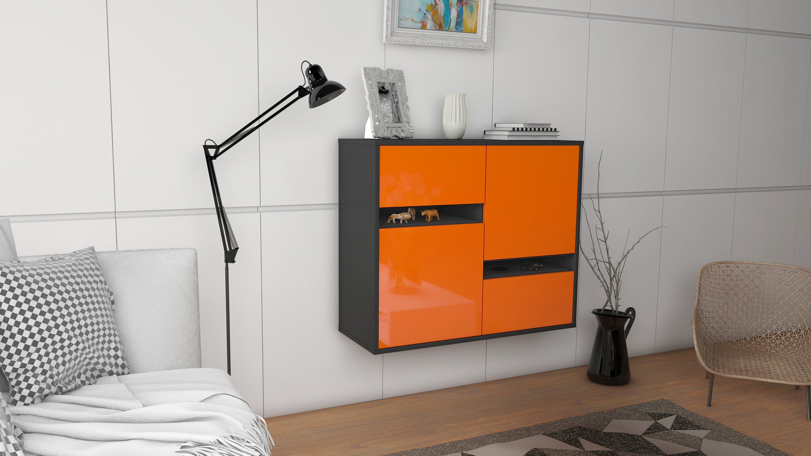 Sideboard - Carlotta - Design Hochglanz - Wandmontiert mit Push to open  92 cm Anthrazit