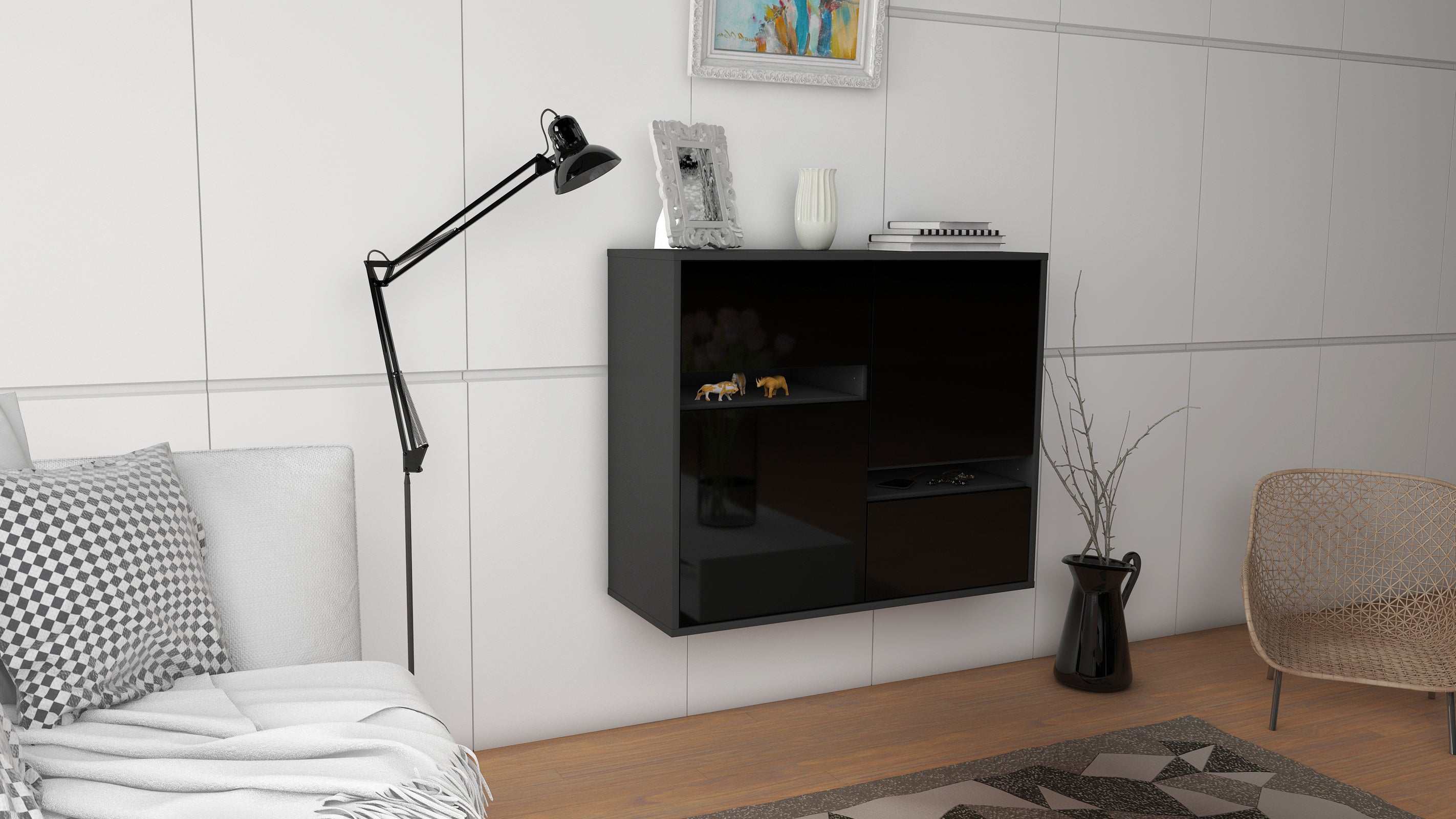 Sideboard - Carlotta - Design Hochglanz - Wandmontiert mit Push to open  92 cm Anthrazit