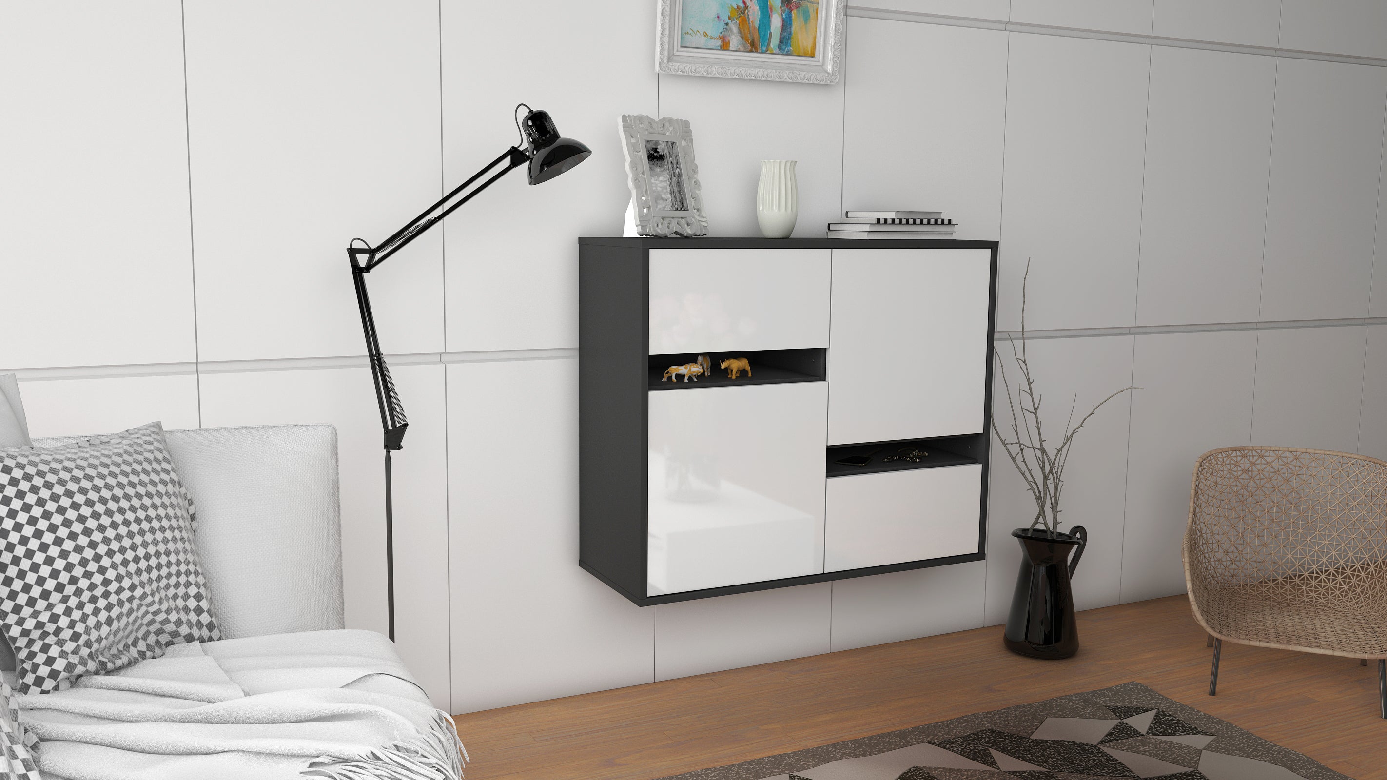 Sideboard - Carlotta - Design Hochglanz - Wandmontiert mit Push to open  92 cm Anthrazit