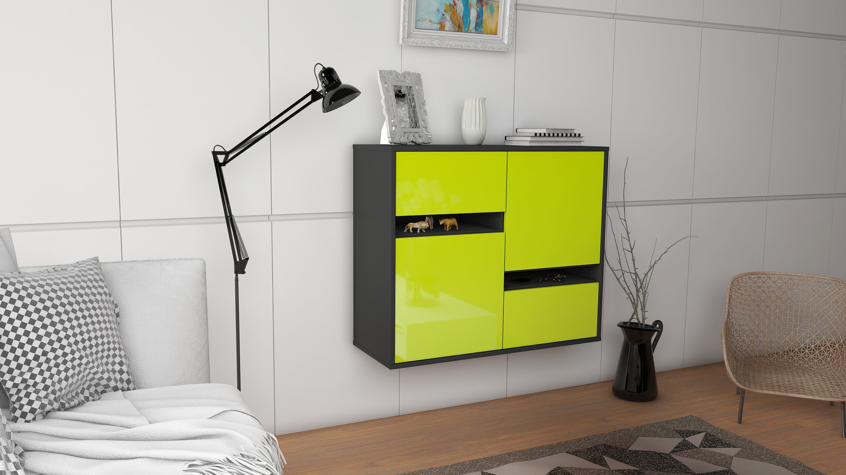 Sideboard - Carlotta - Design Hochglanz - Wandmontiert mit Push to open  92 cm Anthrazit