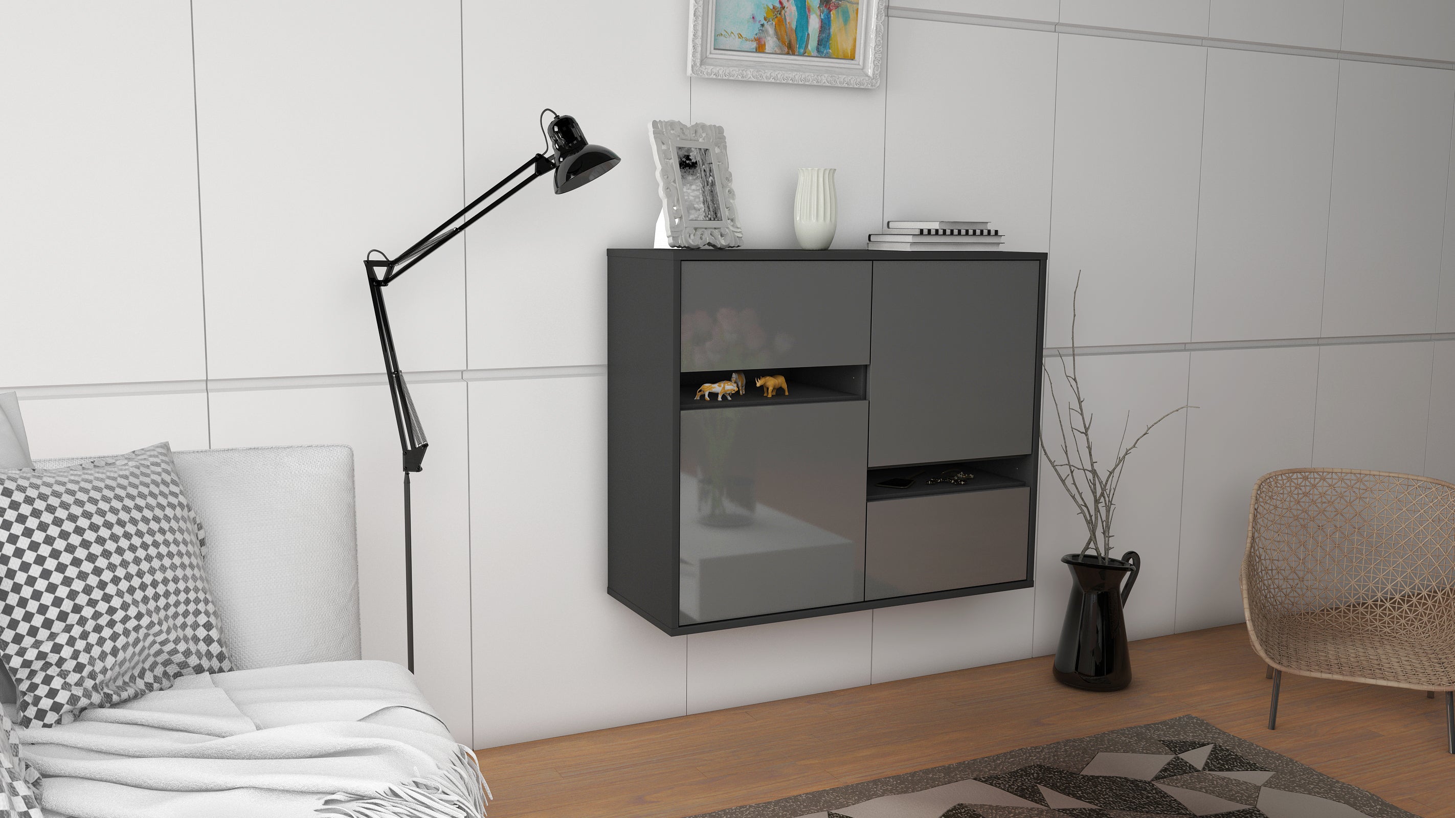 Sideboard - Carlotta - Design Hochglanz - Wandmontiert mit Push to open  92 cm Anthrazit