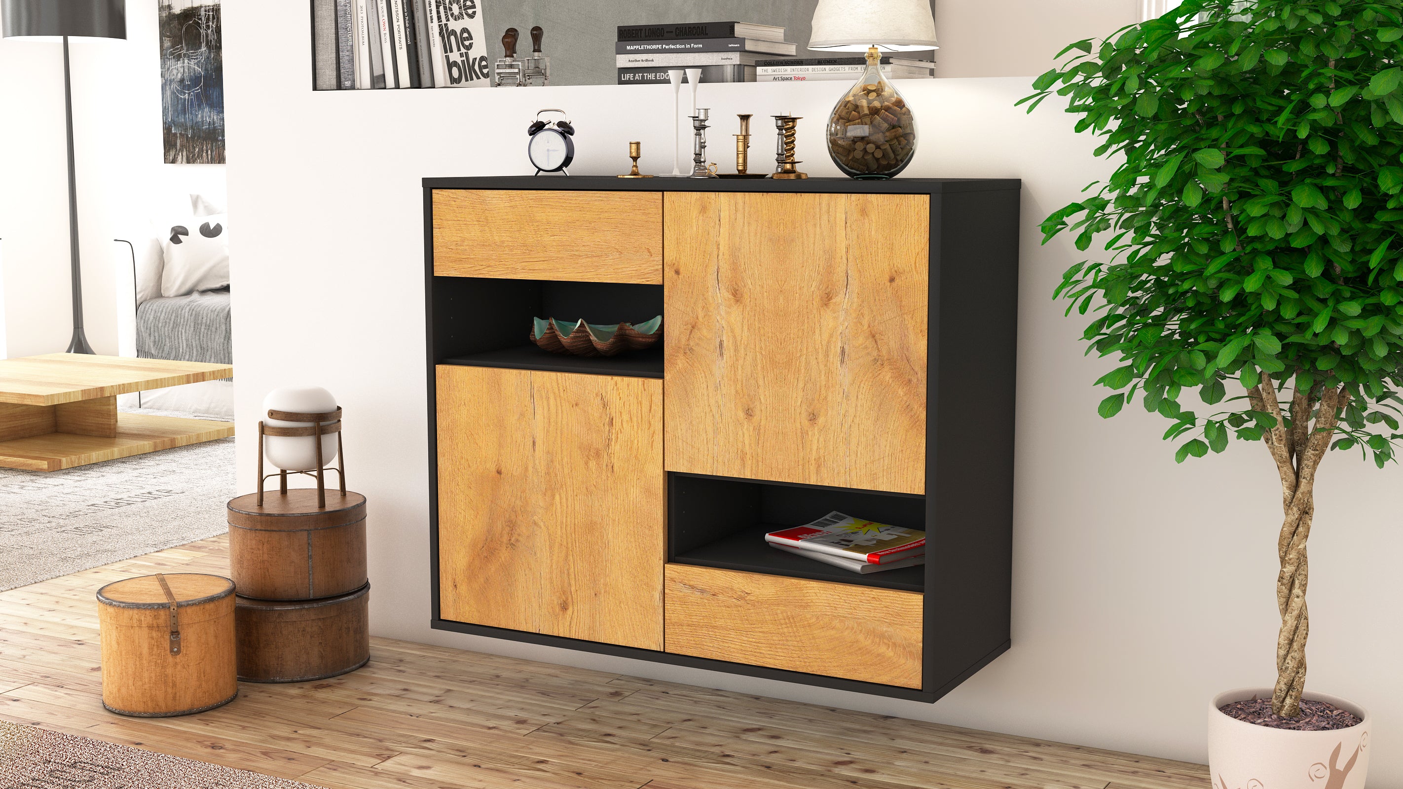 Sideboard - Carmelina - Design Holzdekor - Wandmontiert mit Push to open  92 cm Anthrazit