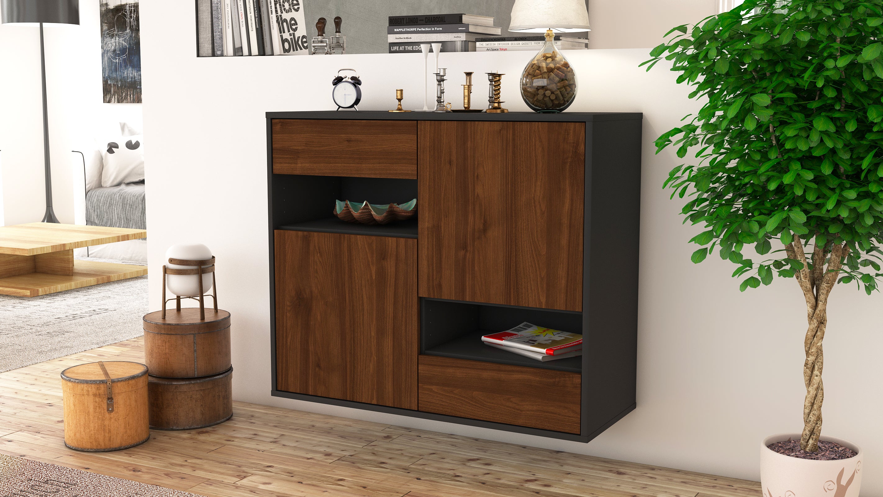 Sideboard - Carmelina - Design Holzdekor - Wandmontiert mit Push to open  92 cm Anthrazit
