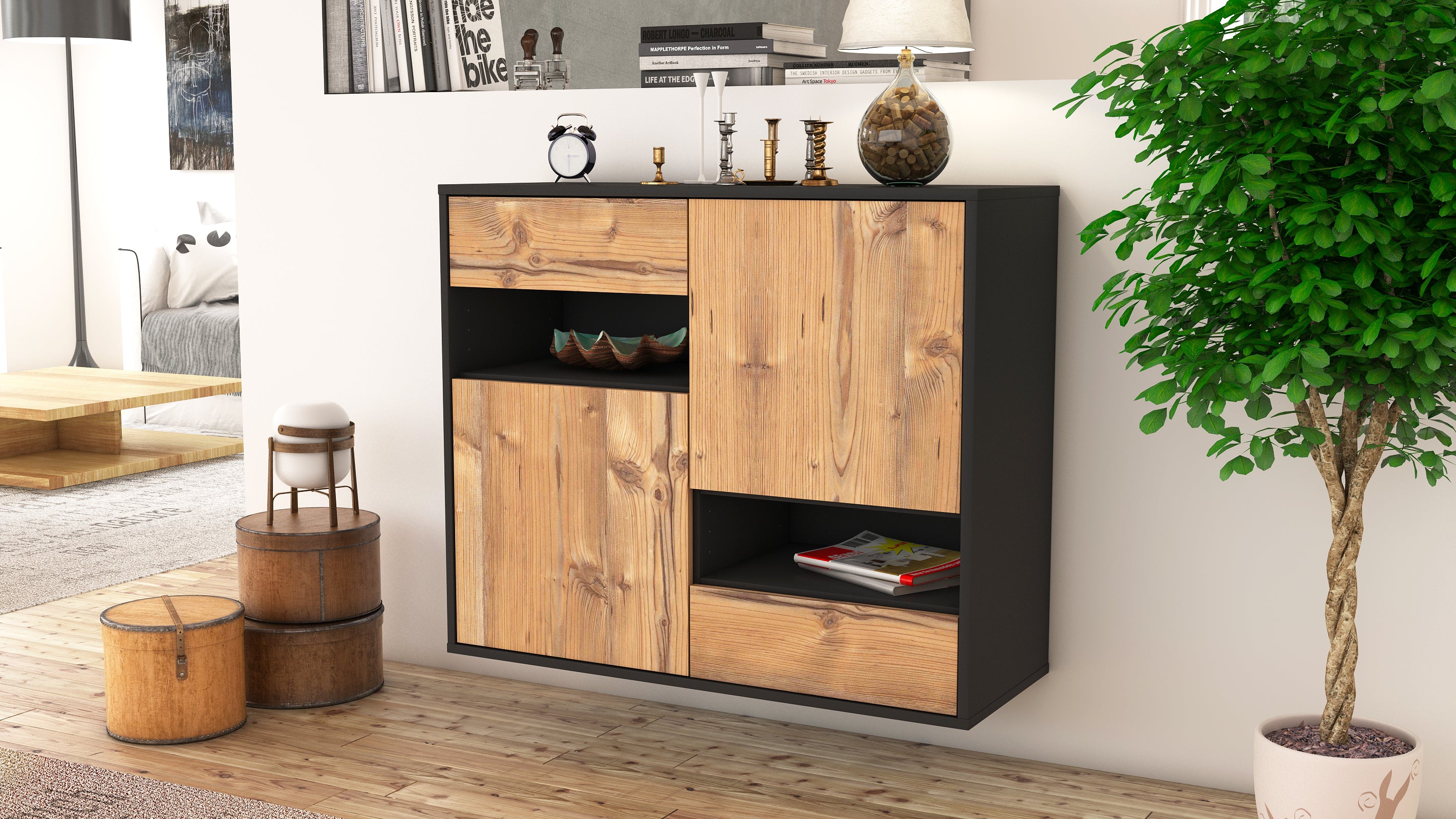 Sideboard - Carmelina - Design Holzdekor - Wandmontiert mit Push to open  92 cm Anthrazit