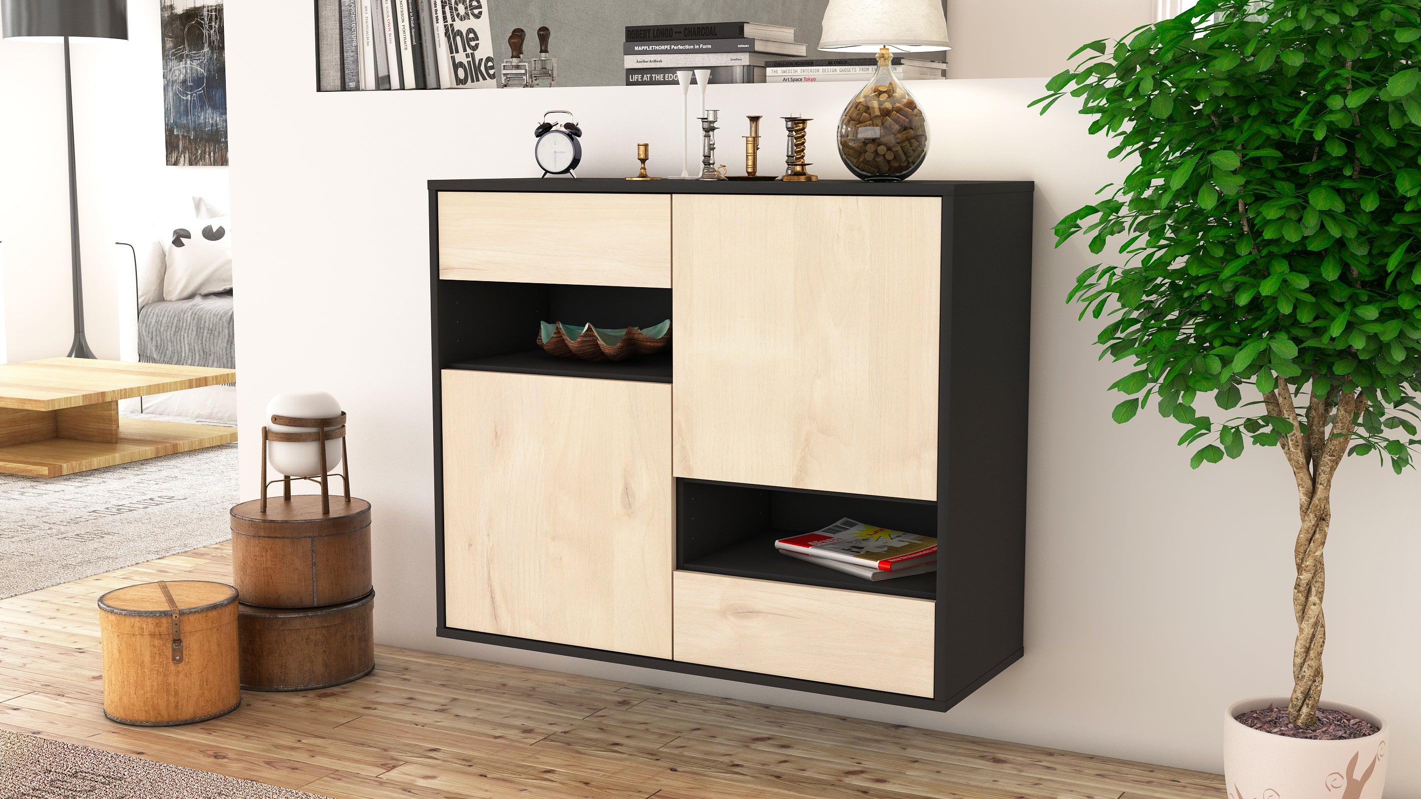 Sideboard - Carmelina - Design Holzdekor - Wandmontiert mit Push to open  92 cm Anthrazit