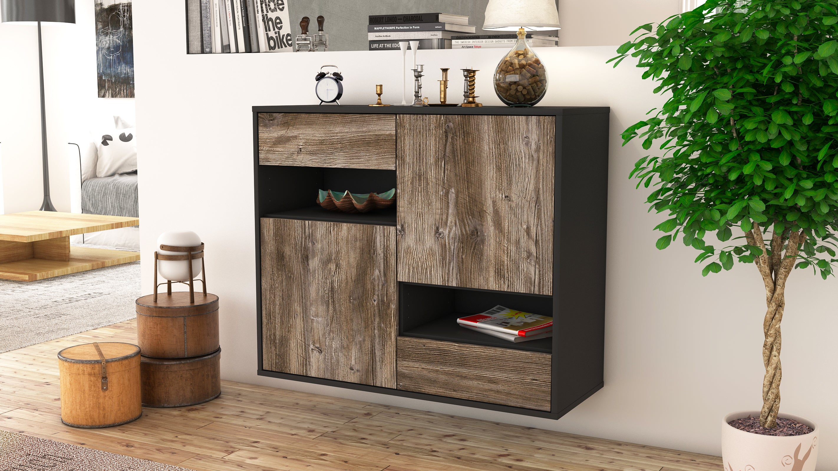 Sideboard - Carmelina - Design Holzdekor - Wandmontiert mit Push to open  92 cm Anthrazit