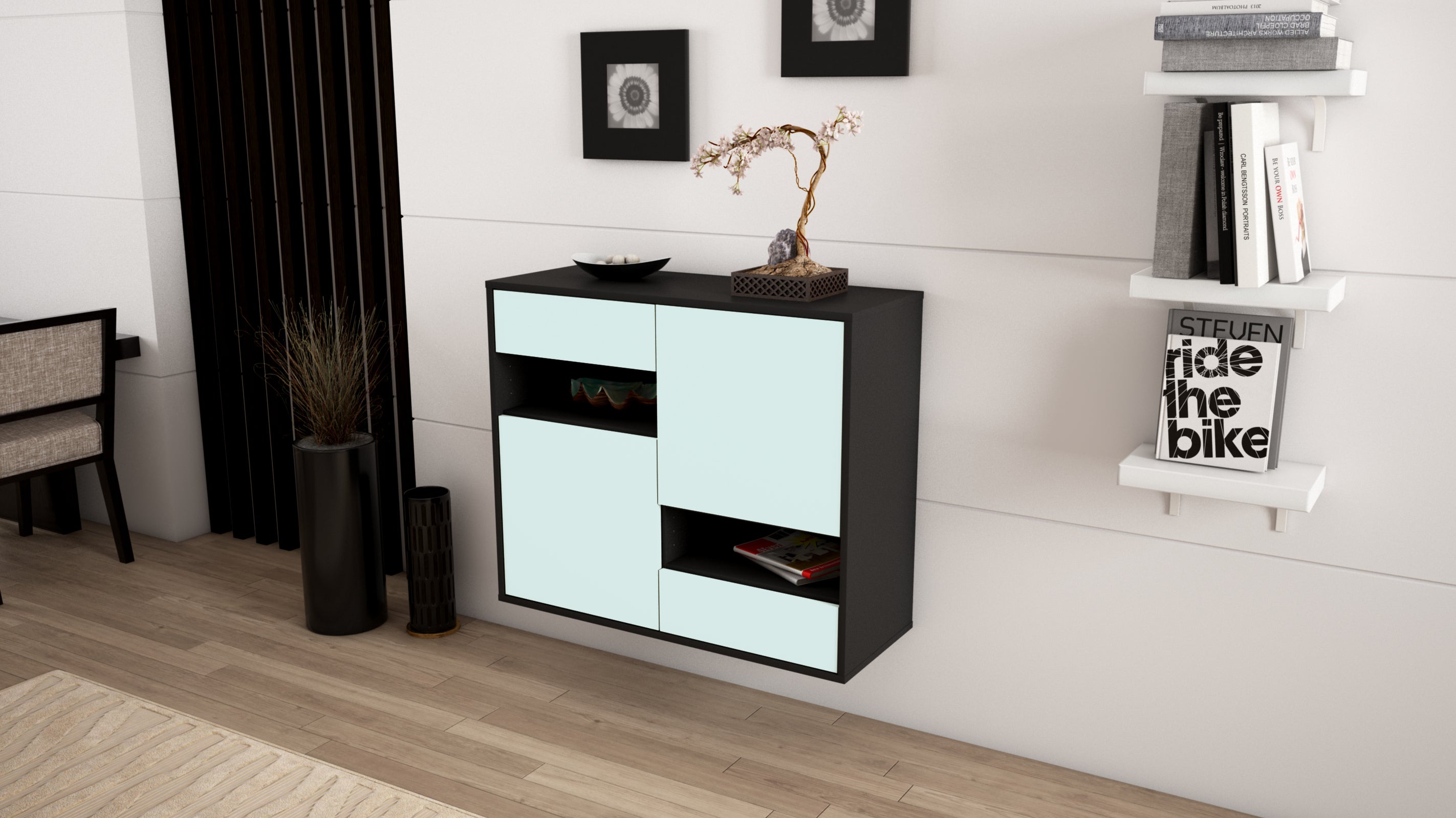Sideboard - Carmelina - Design Farbakzent - Wandmontiert mit Push to open  92 cm Anthrazit