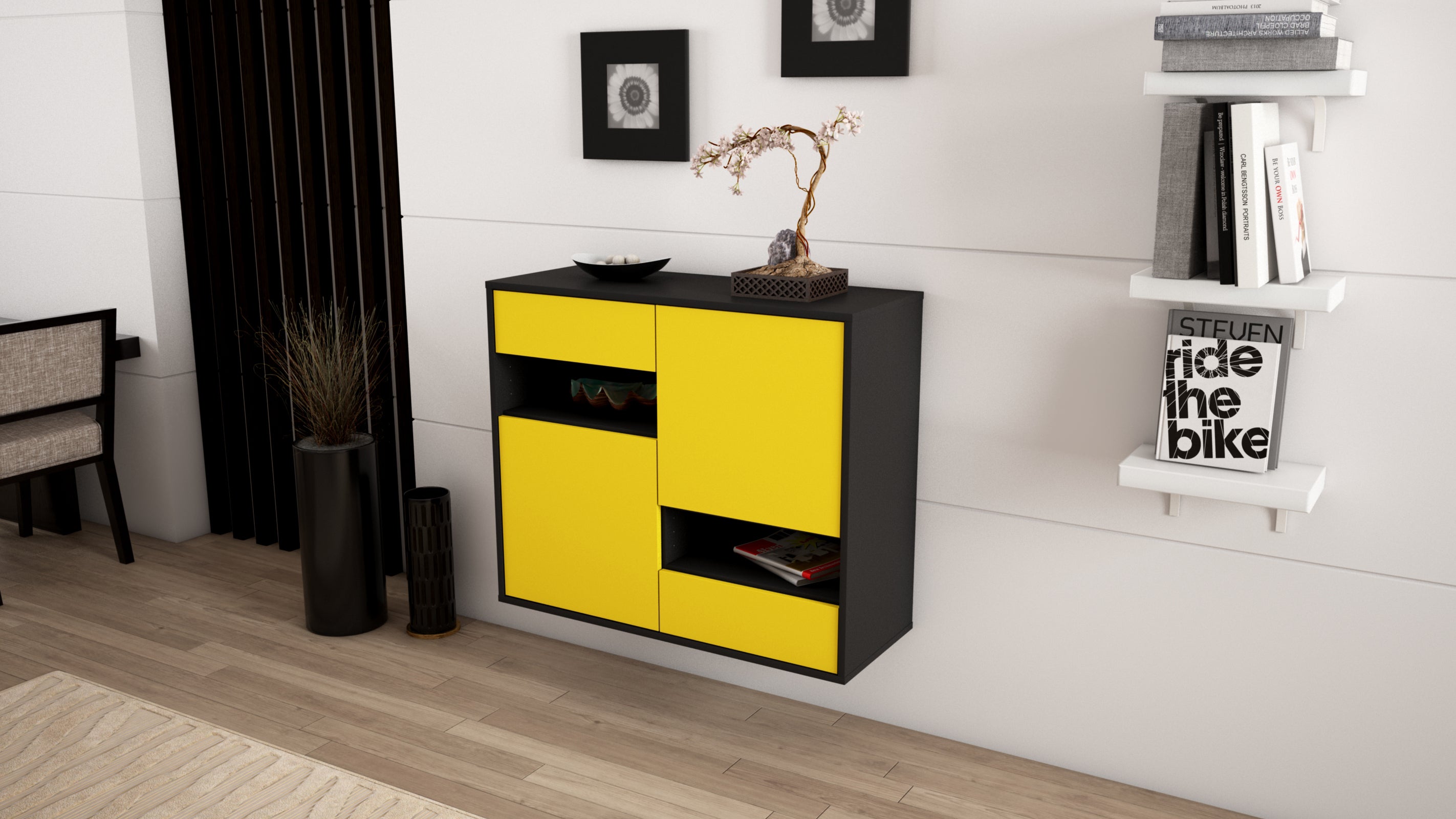 Sideboard - Carmelina - Design Farbakzent - Wandmontiert mit Push to open  92 cm Anthrazit