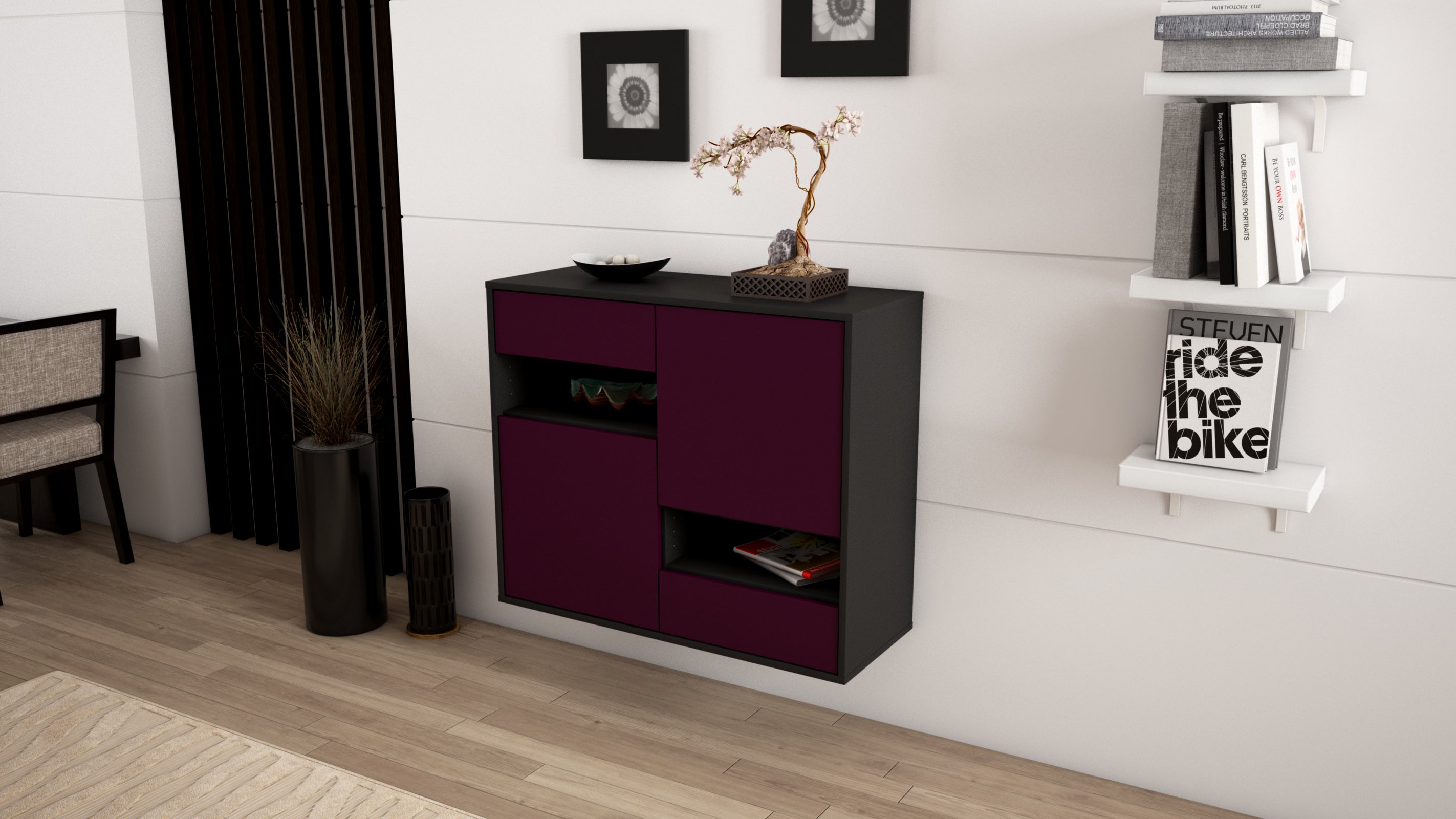 Sideboard - Carmelina - Design Farbakzent - Wandmontiert mit Push to open  92 cm Anthrazit