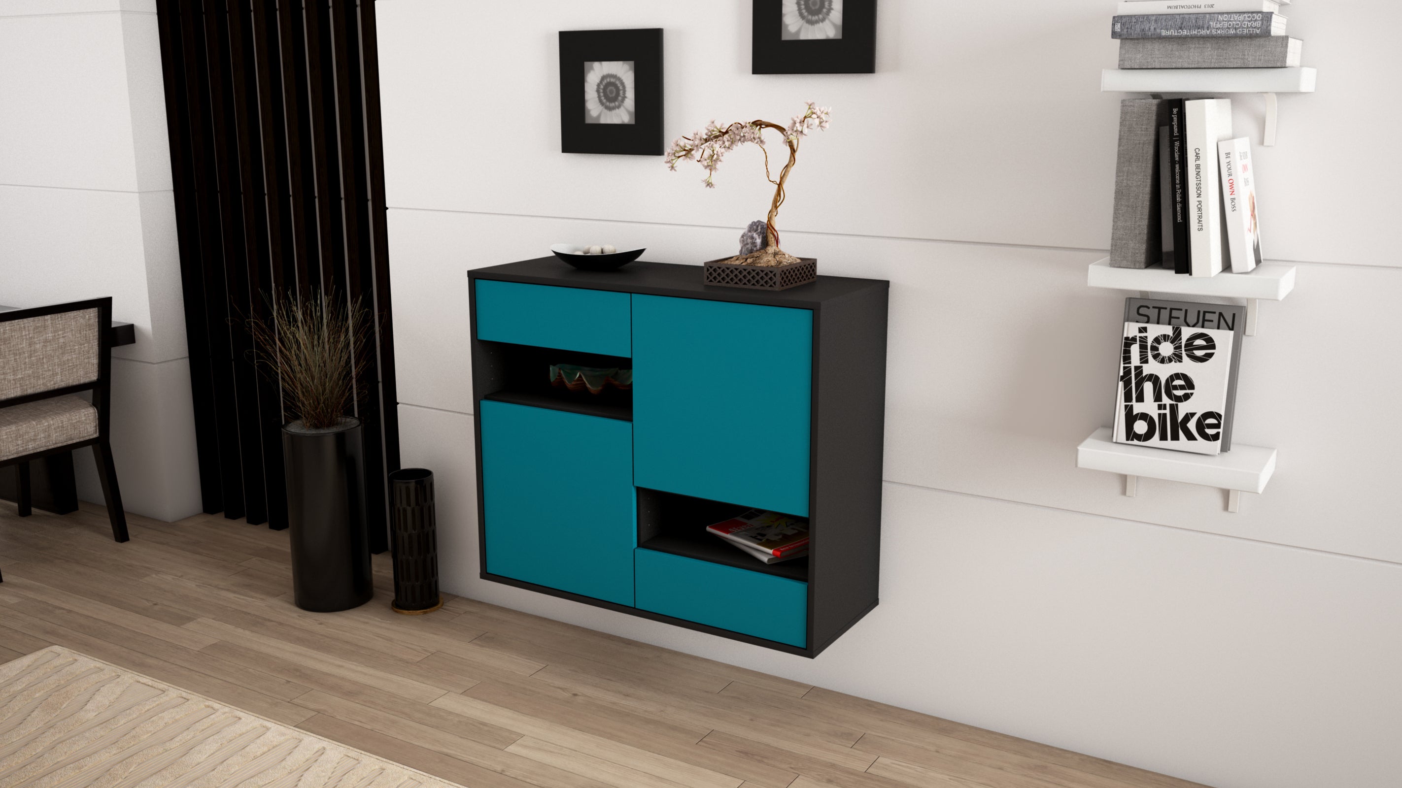 Sideboard - Carmelina - Design Farbakzent - Wandmontiert mit Push to open  92 cm Anthrazit
