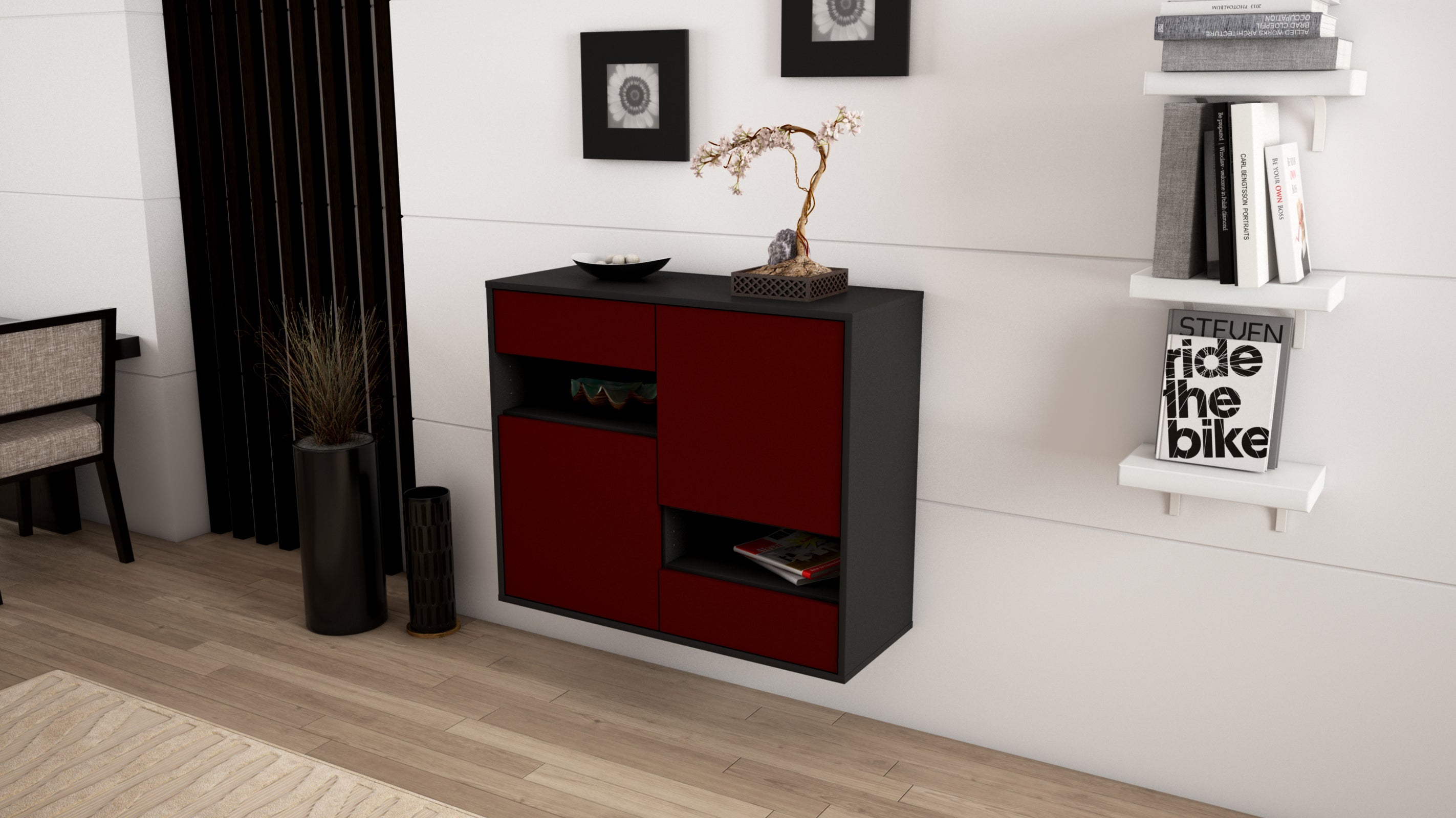 Sideboard - Carmelina - Design Farbakzent - Wandmontiert mit Push to open  92 cm Anthrazit