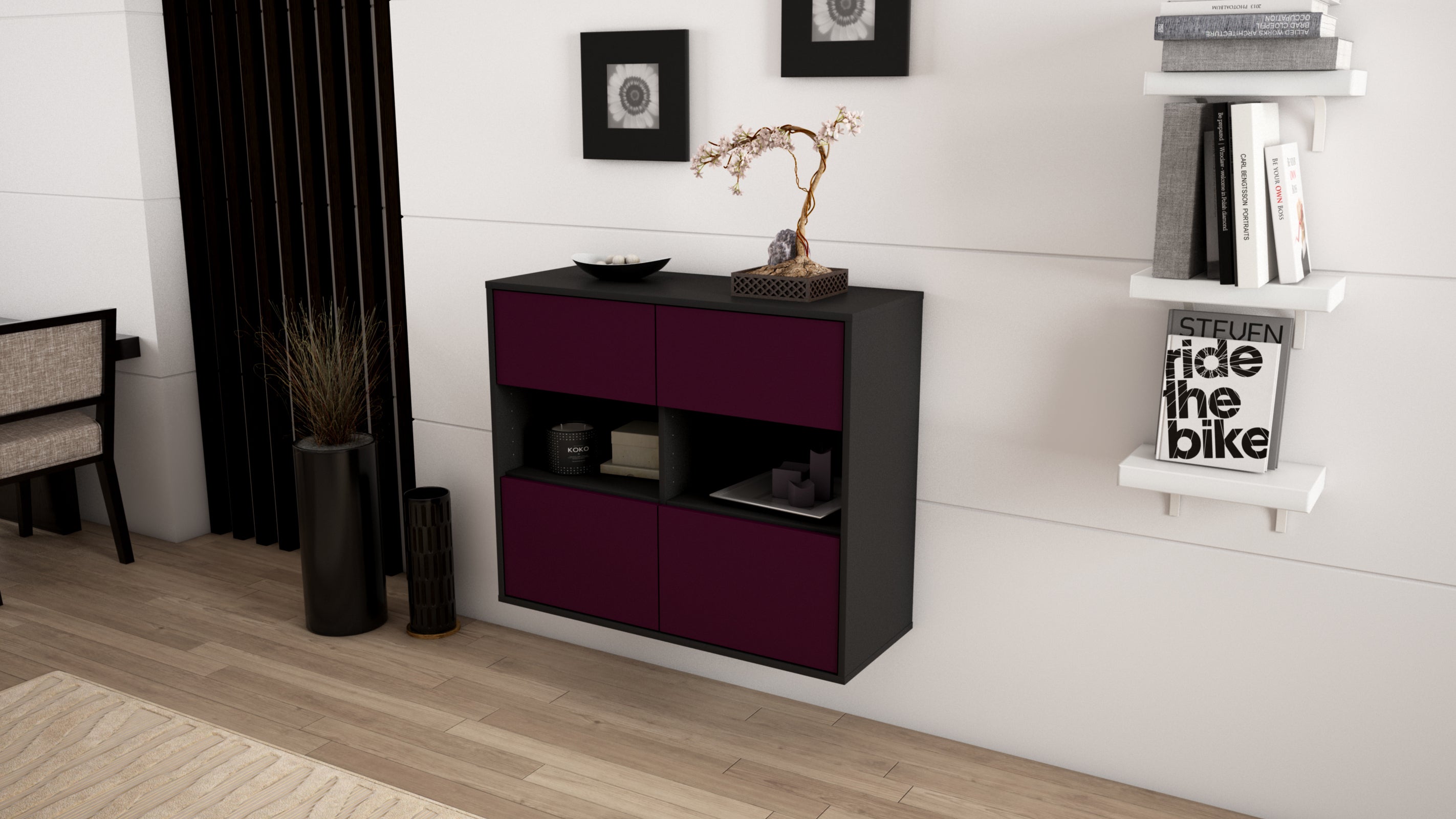 Sideboard - Carmen - Design Farbakzent - Wandmontiert mit Push to open  92 cm Anthrazit