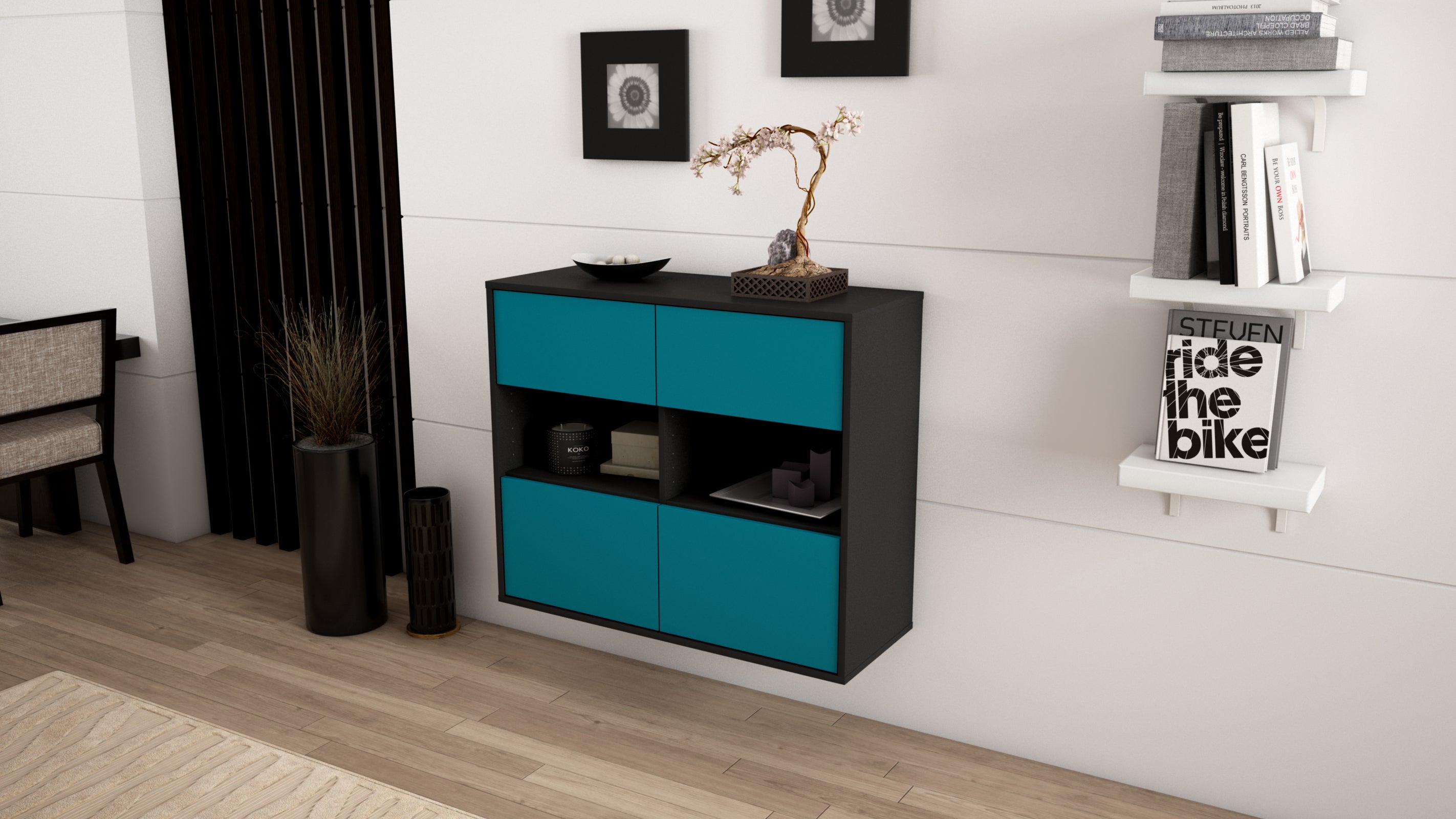 Sideboard - Carmen - Design Farbakzent - Wandmontiert mit Push to open  92 cm Anthrazit