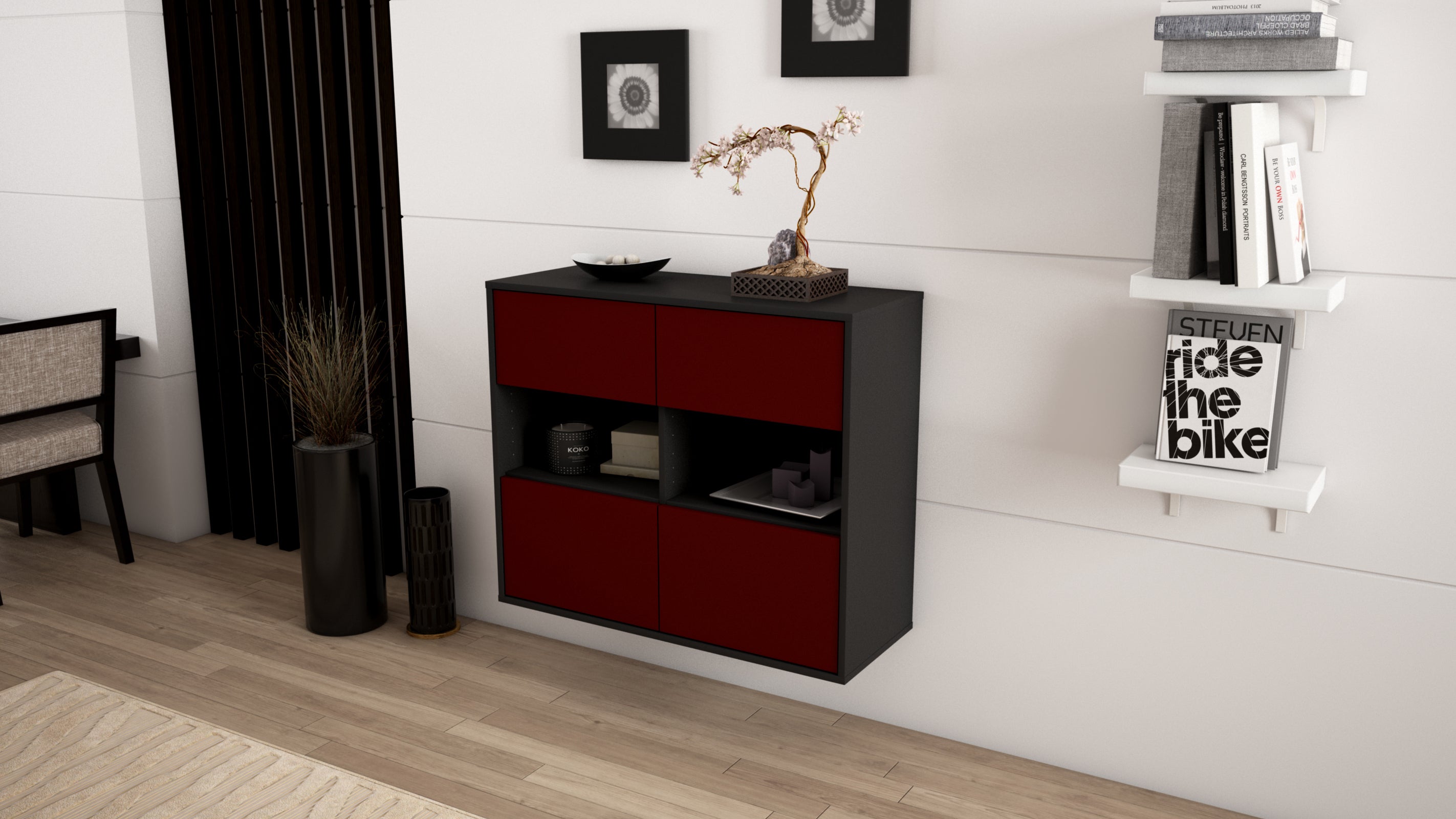 Sideboard - Carmen - Design Farbakzent - Wandmontiert mit Push to open  92 cm Anthrazit