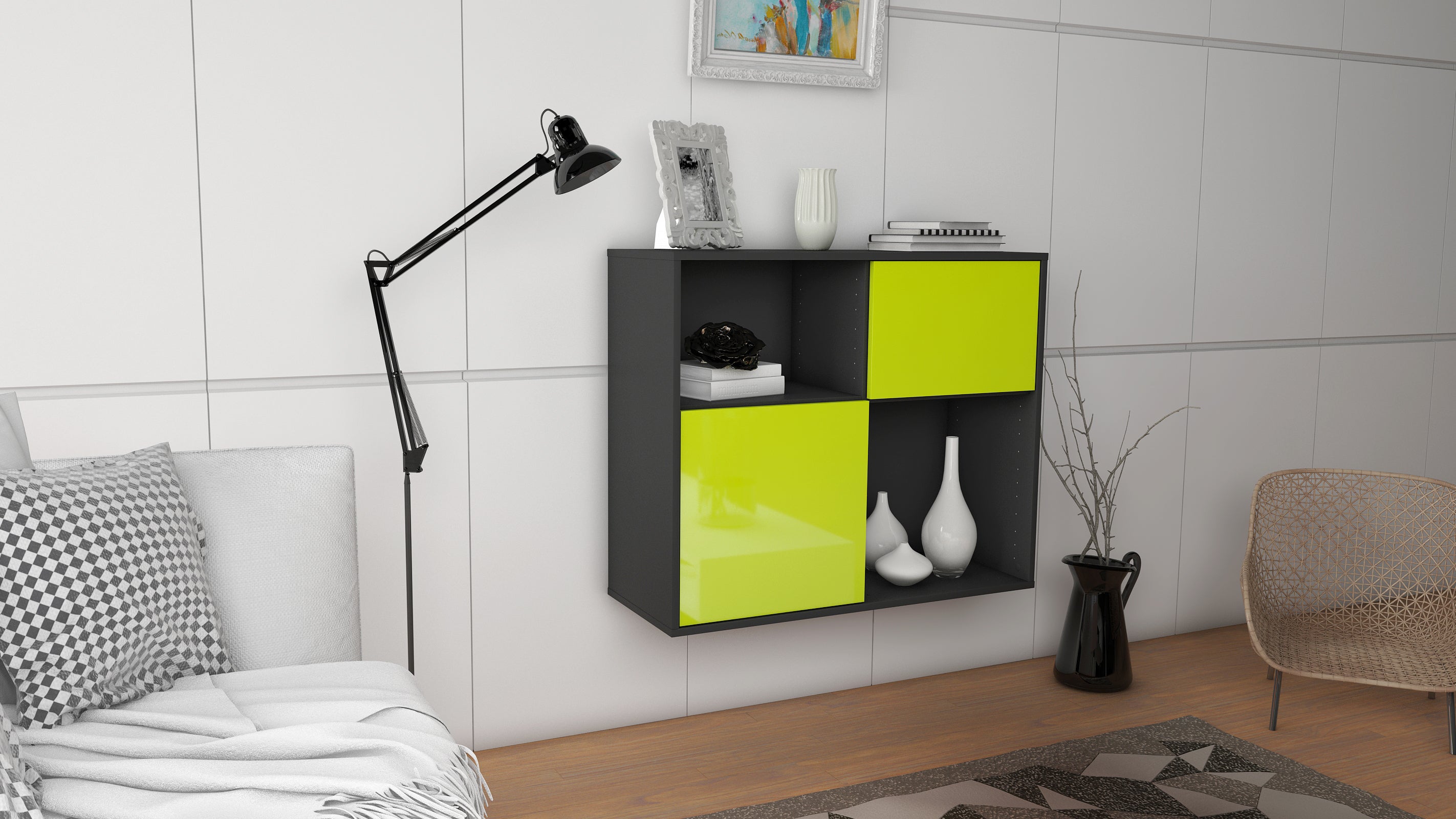 Sideboard - Carola - Design Hochglanz - Wandmontiert mit Push to open  92 cm Anthrazit