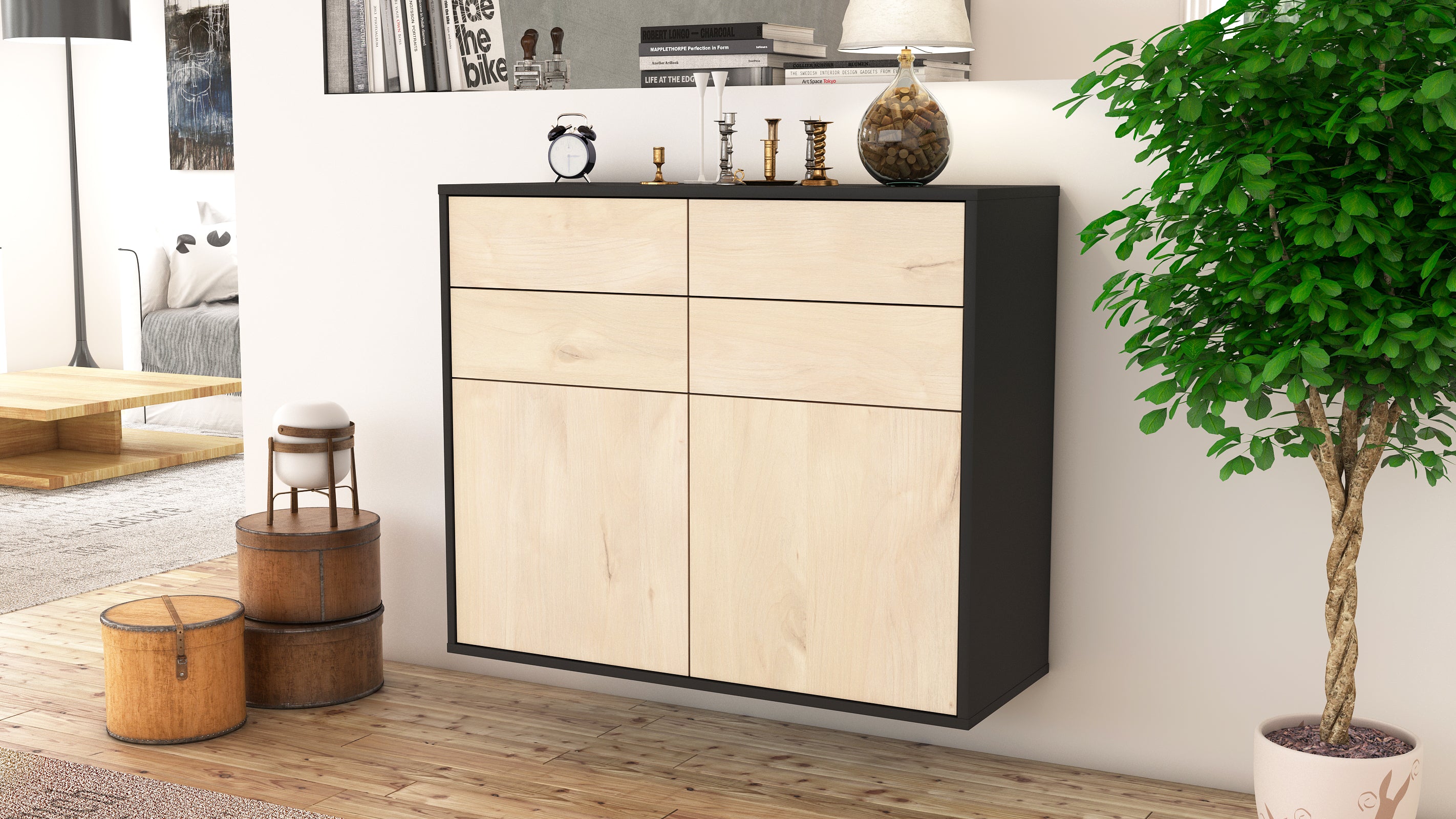 Sideboard - Celia - Design Holzdekor - Wandmontiert mit Push to open  92 cm Anthrazit