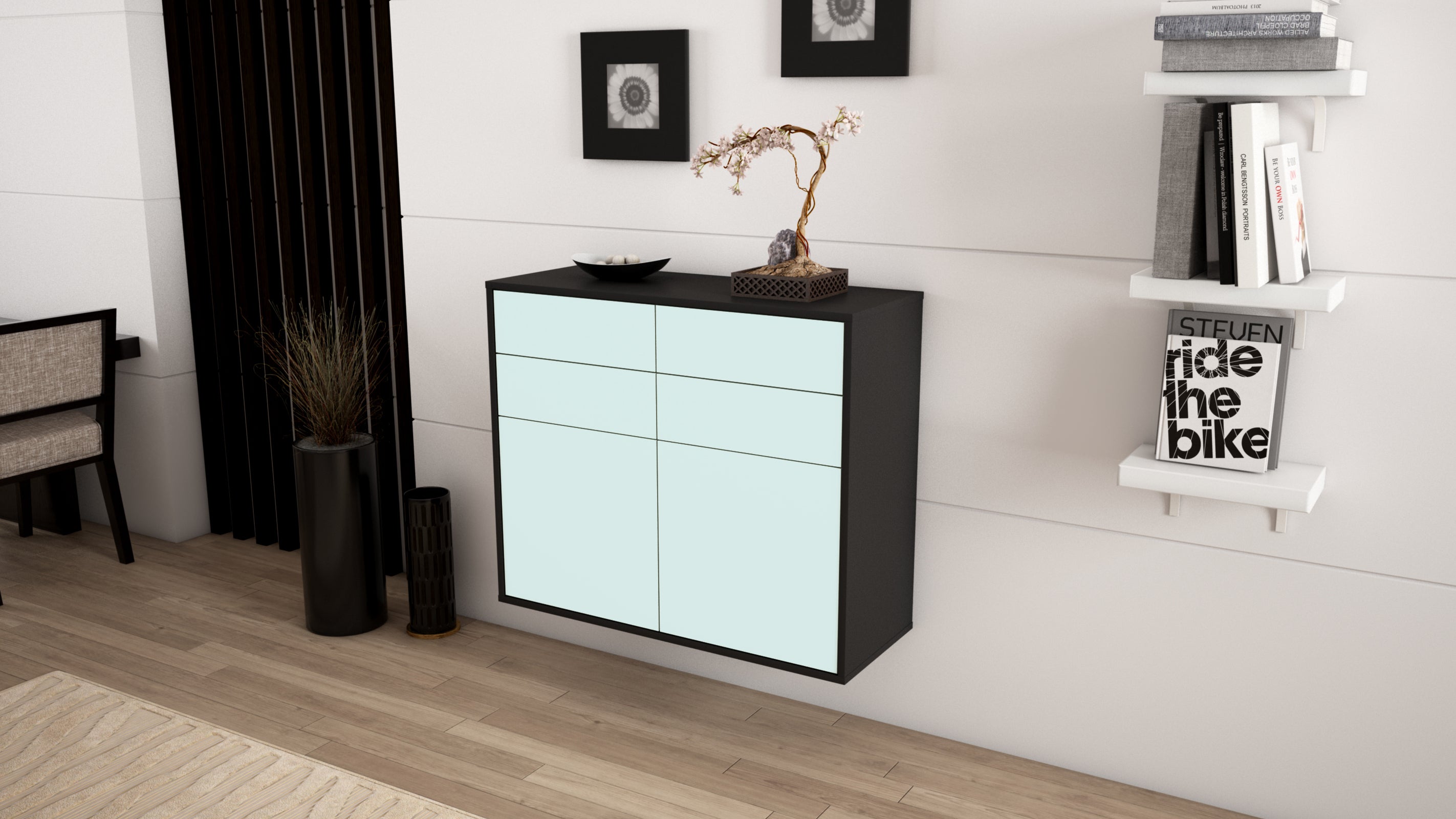 Sideboard - Celia - Design Farbakzent - Wandmontiert mit Push to open  92 cm Anthrazit