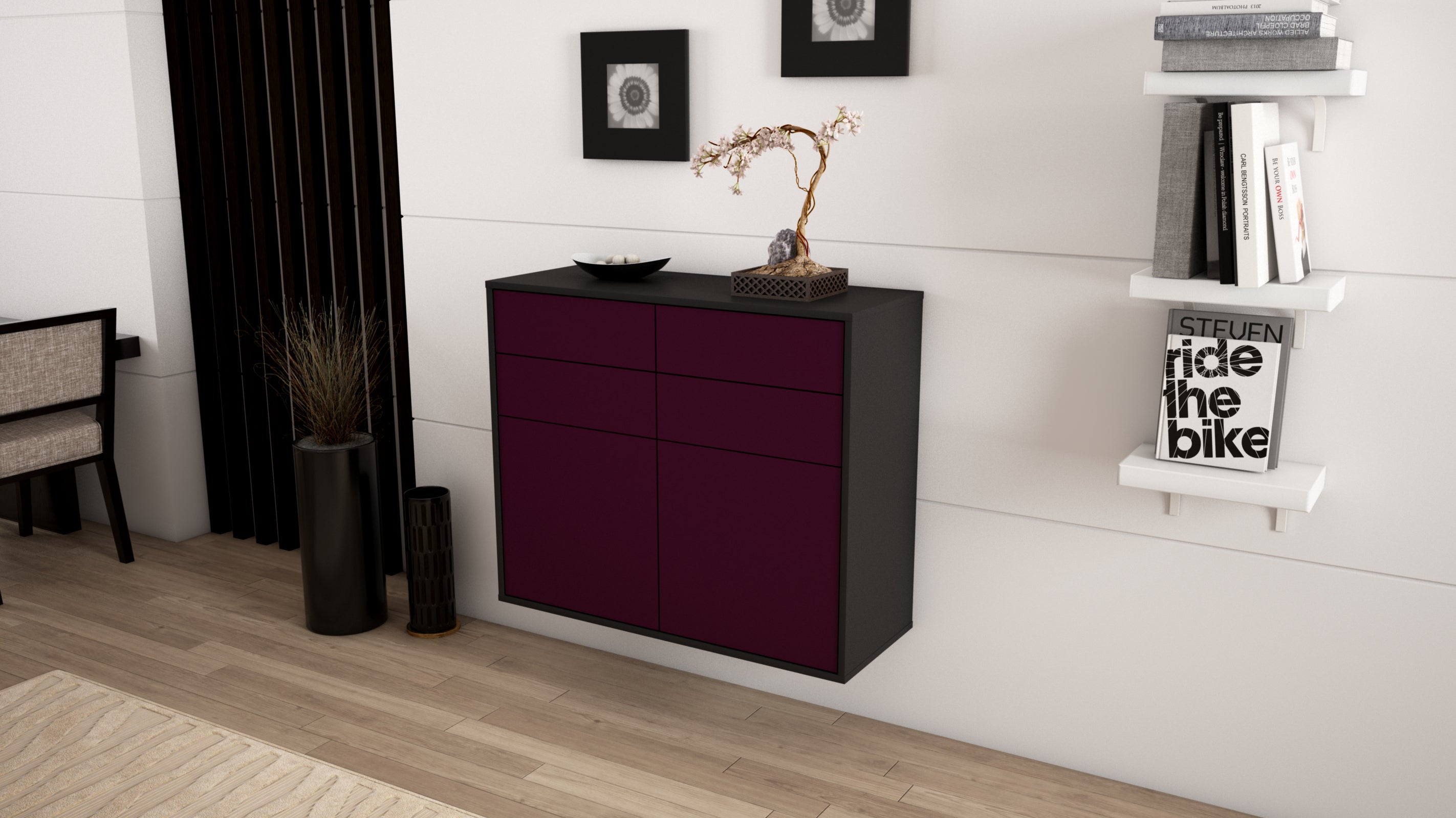 Sideboard - Celia - Design Farbakzent - Wandmontiert mit Push to open  92 cm Anthrazit