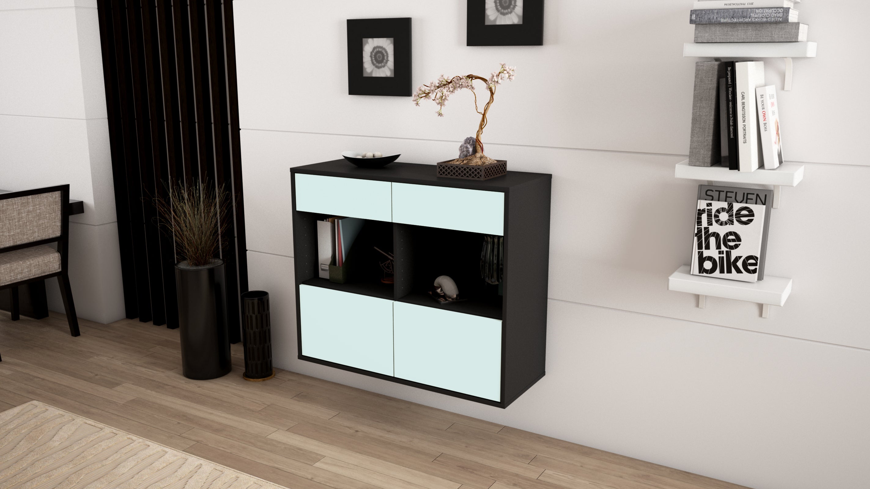 Sideboard - Christina - Design Farbakzent - Wandmontiert mit Push to open  92 cm Anthrazit