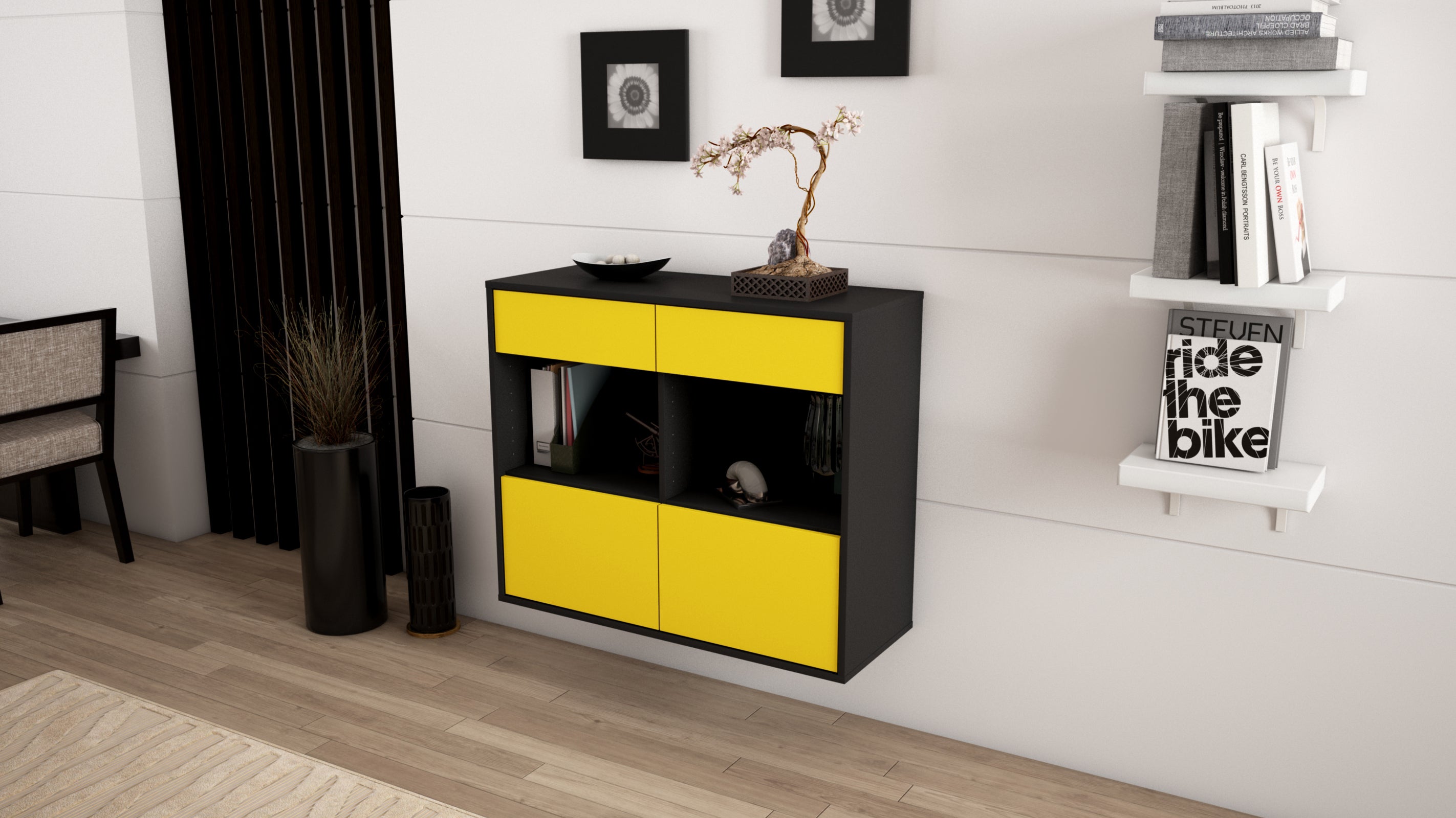 Sideboard - Christina - Design Farbakzent - Wandmontiert mit Push to open  92 cm Anthrazit