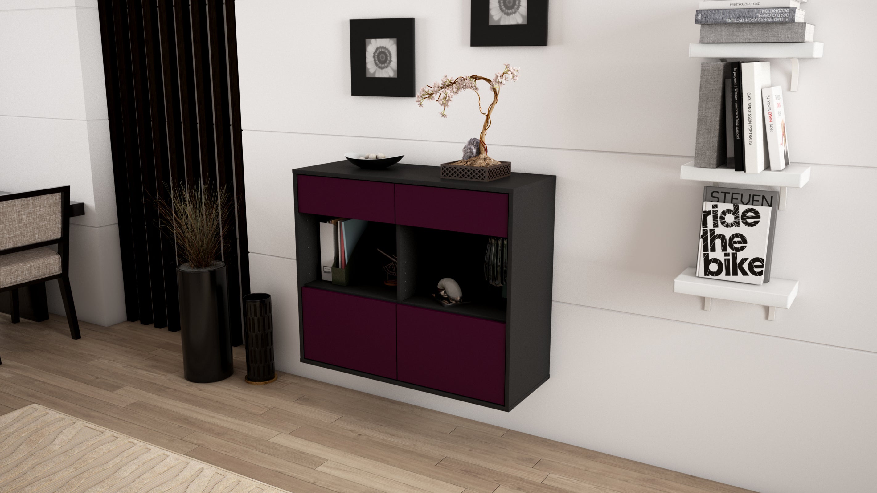 Sideboard - Christina - Design Farbakzent - Wandmontiert mit Push to open  92 cm Anthrazit