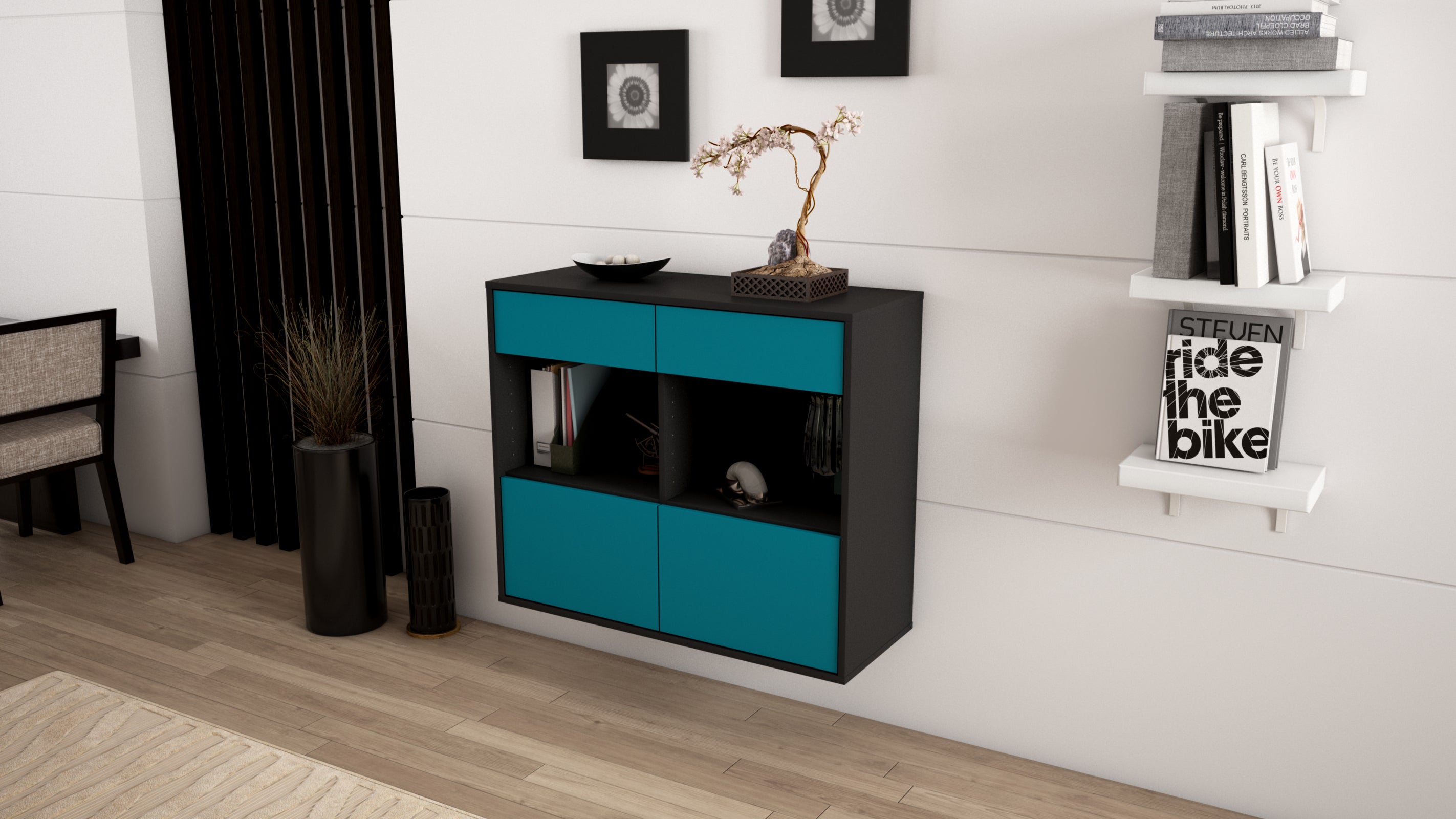 Sideboard - Christina - Design Farbakzent - Wandmontiert mit Push to open  92 cm Anthrazit