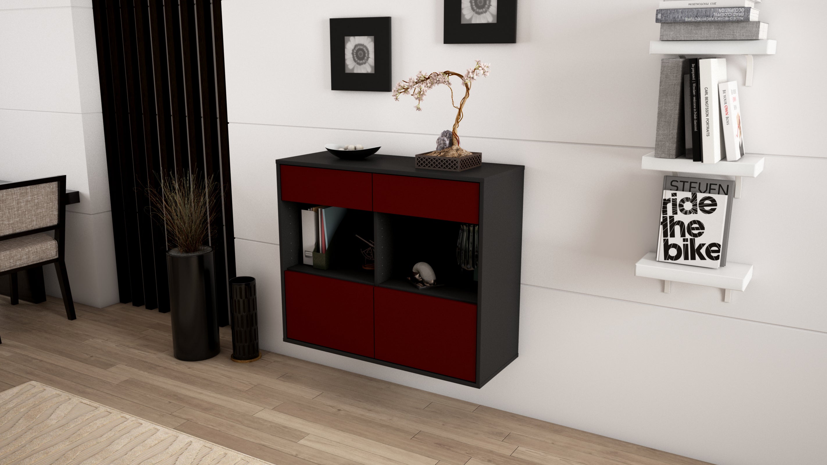 Sideboard - Christina - Design Farbakzent - Wandmontiert mit Push to open  92 cm Anthrazit