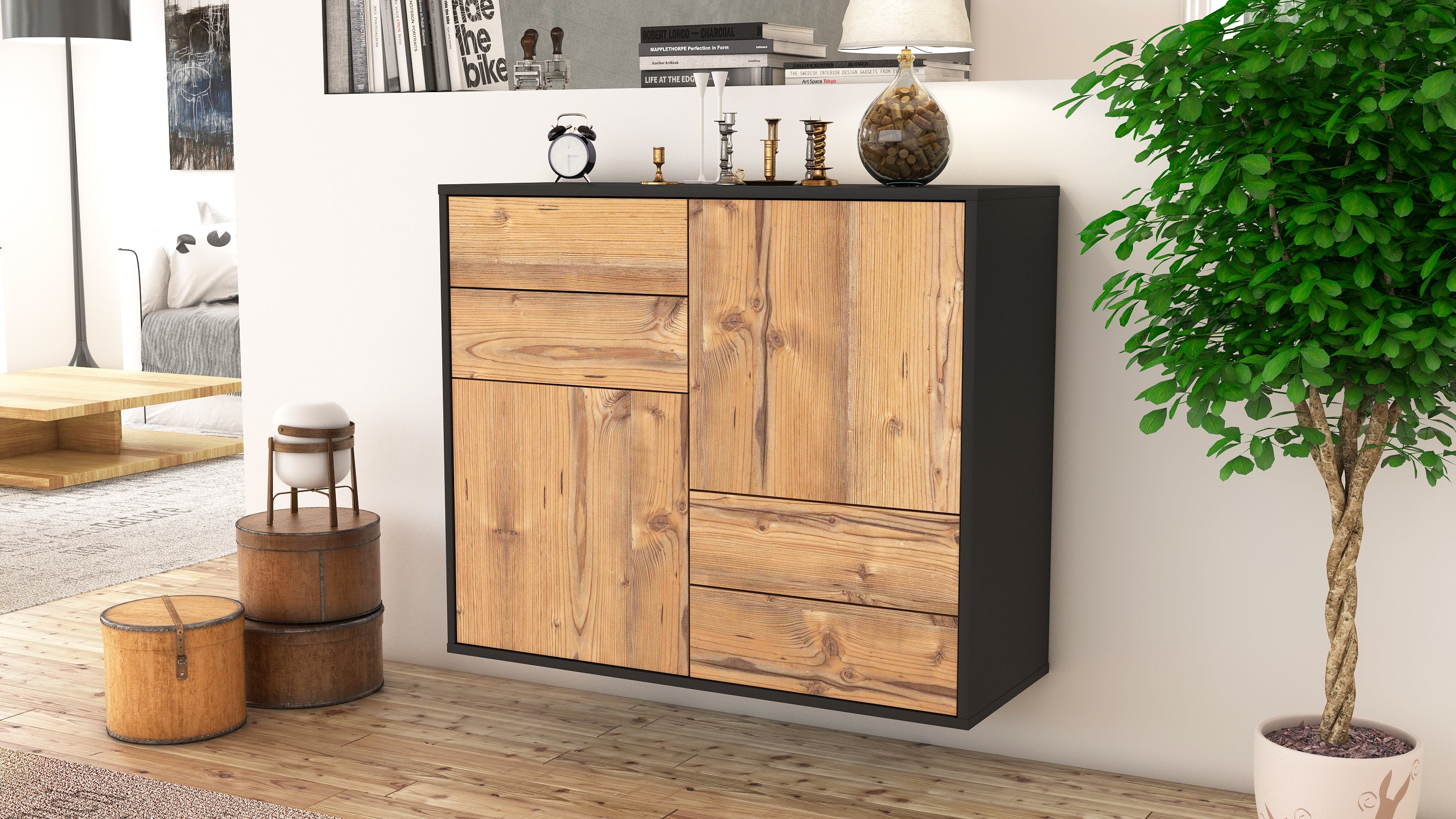 Sideboard - Ciara - Design Holzdekor - Wandmontiert mit Push to open  92 cm Anthrazit