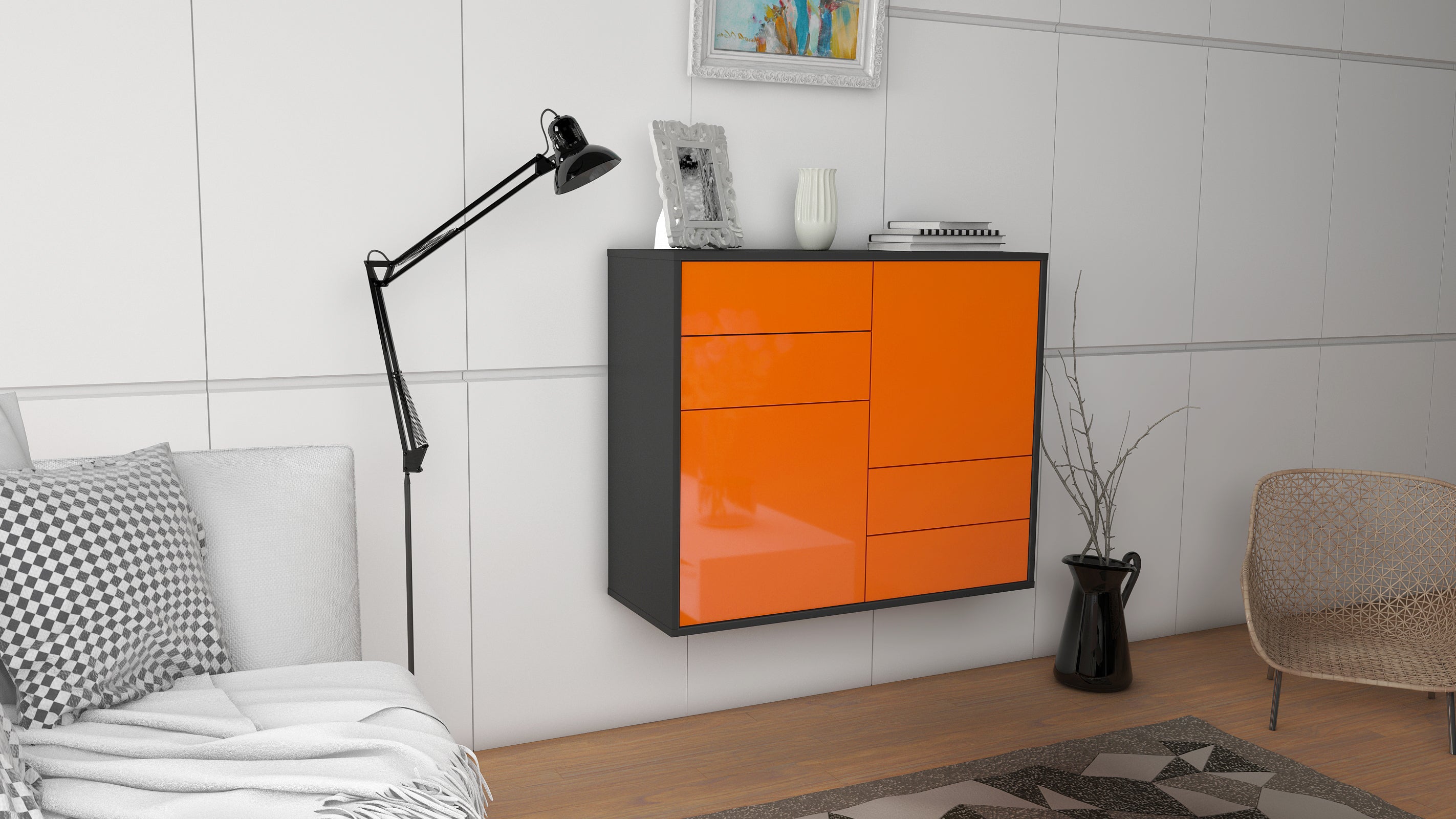 Sideboard - Ciara - Design Hochglanz - Wandmontiert mit Push to open  92 cm Anthrazit