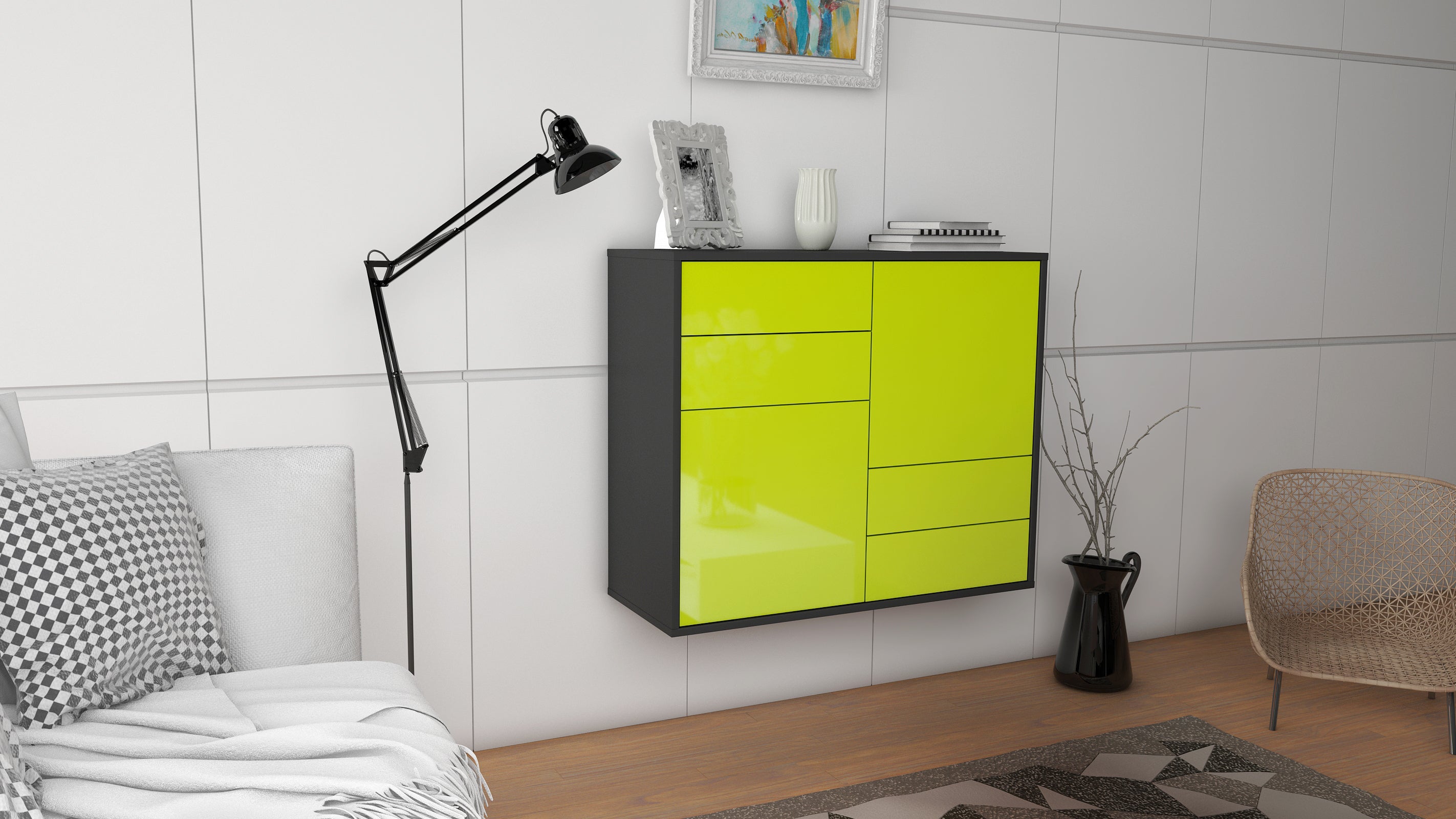 Sideboard - Ciara - Design Hochglanz - Wandmontiert mit Push to open  92 cm Anthrazit