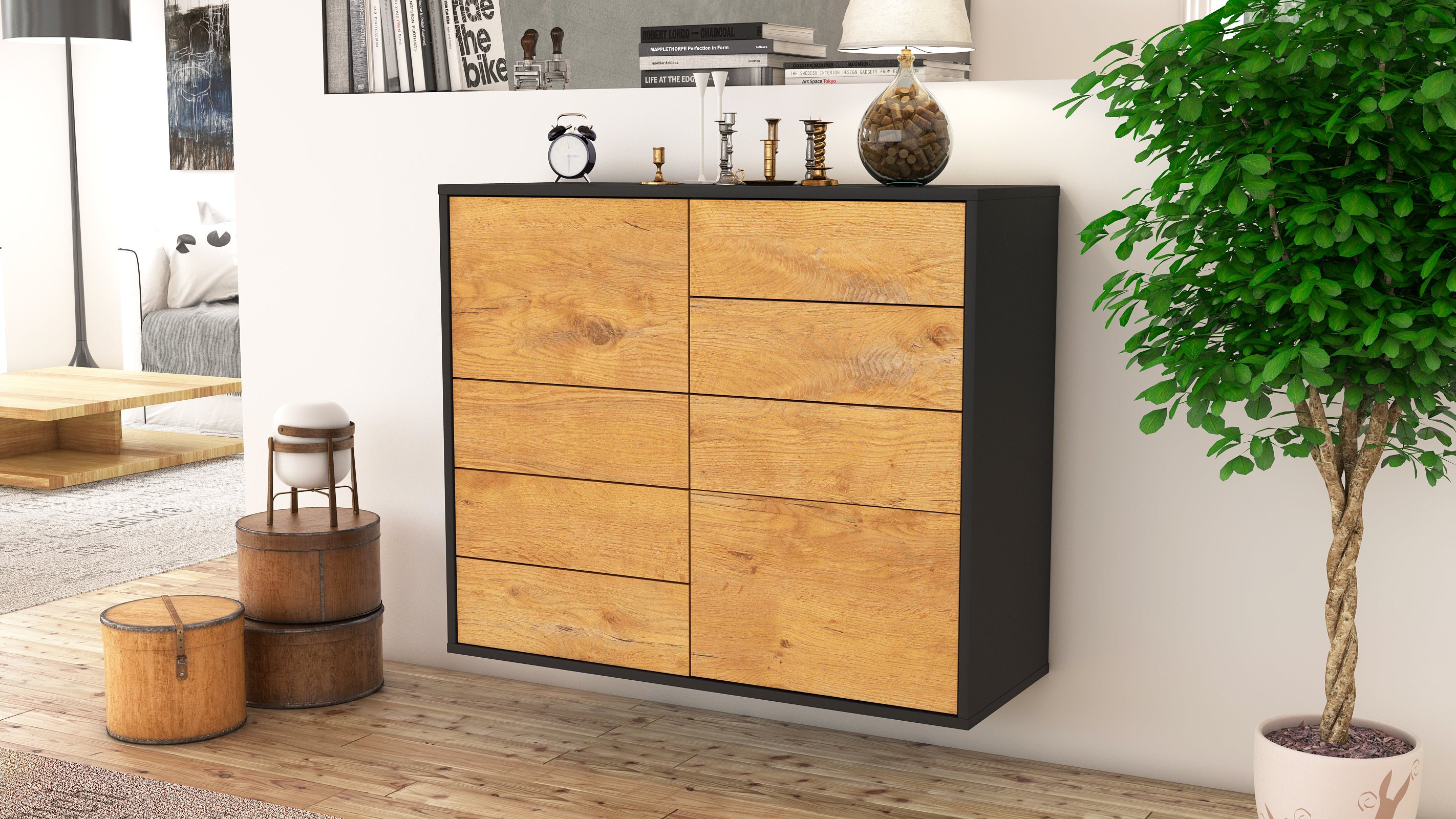 Sideboard - Clarissa - Design Holzdekor - Wandmontiert mit Push to open  92 cm Anthrazit